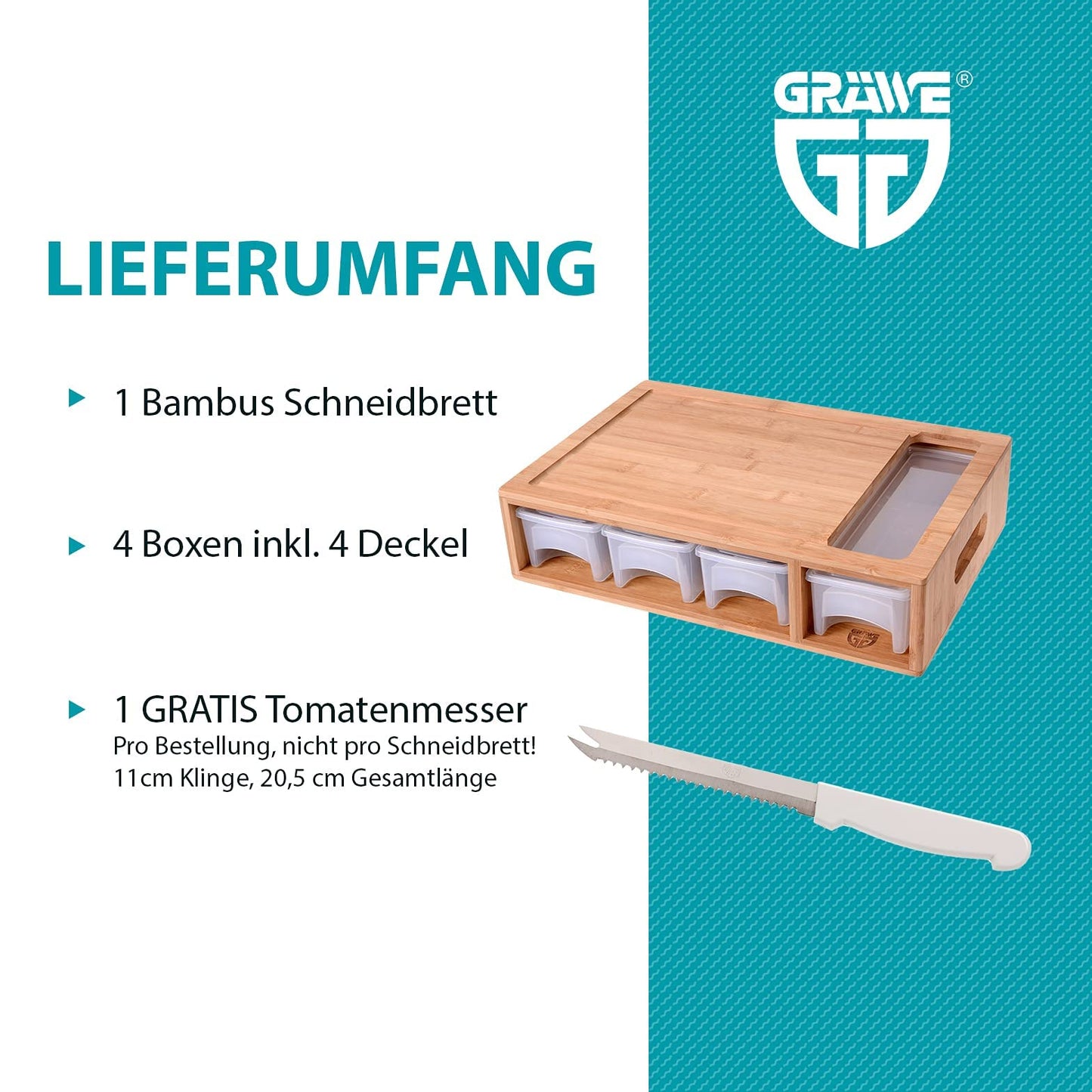 GRÄWE Bambus Schneidebrett groß, 40,5 x 27 cm, Holzbrett für Rechtshänder, Küchenbrett mit Auffangschalen, klingenschonend, rechteckig