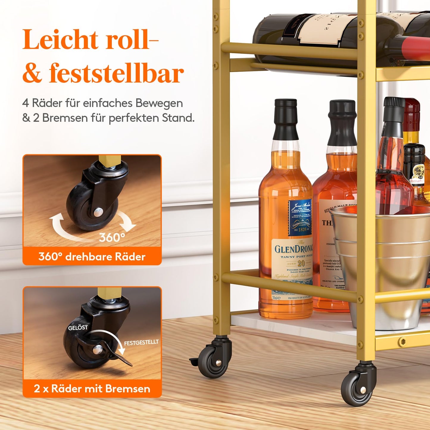 Lifewit Servierwagen, 3-stöckiger Barwagen mit blockierbaren Rädern, Weinregal und Glashaltern, Küchenwagen, Esszimmer, Wohnzimmer, 63,2 x 30 x 81,5 cm, Gold