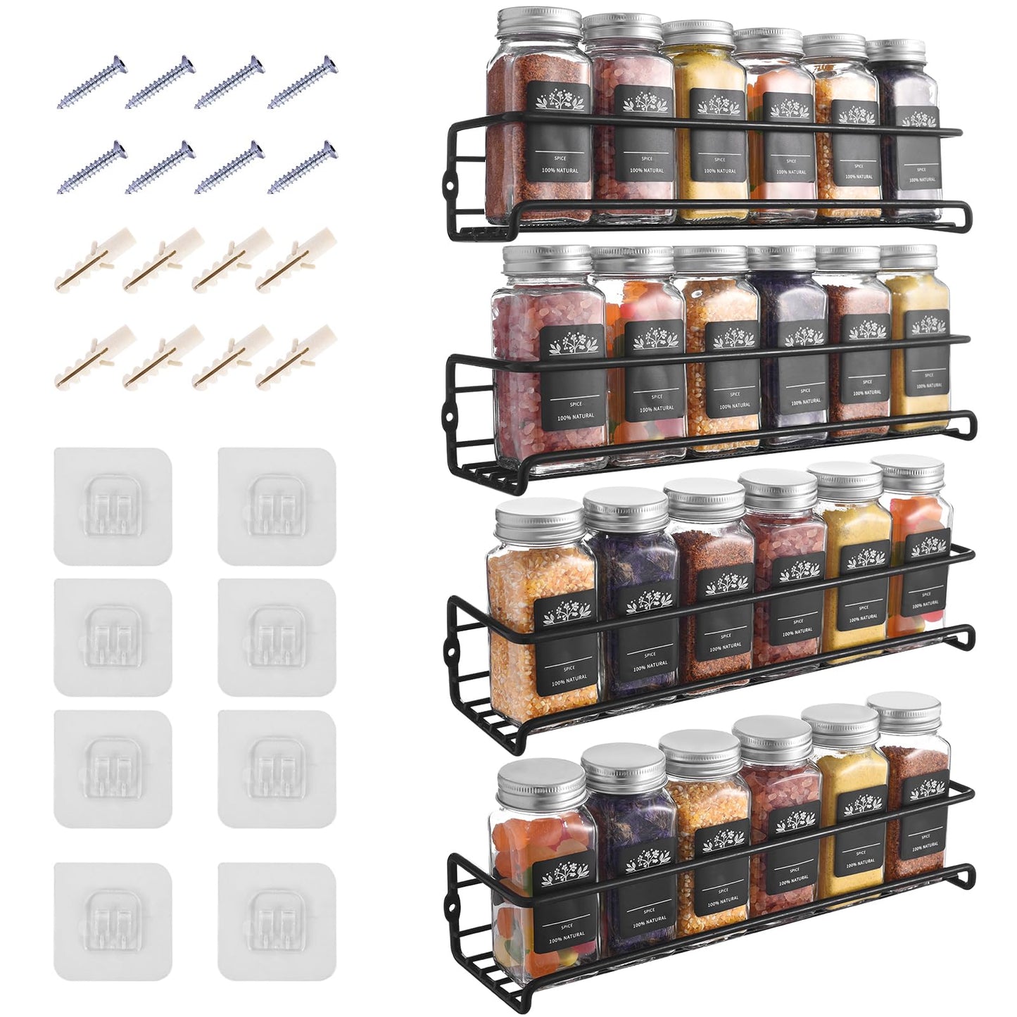 LXUDN Rocneuna 4-Teiliges Set Gewürzregal Wand Ohne Bohren, Schwarz Gewürzständer Mit Breiterem Innenschlitz Hält Größere Gewürzgläser,29×8×6CM Benutzt als Küchenschrank Organizer Küchenregal Wand