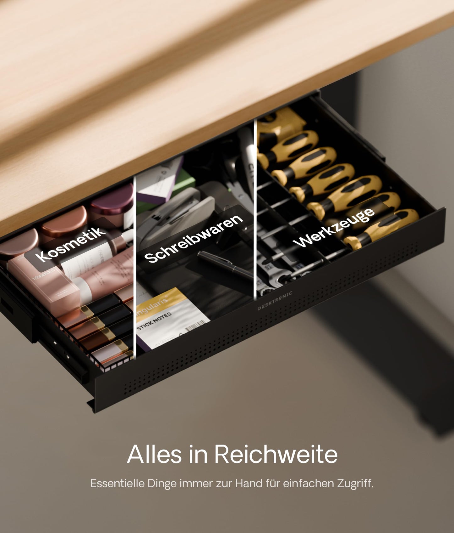 Desktronic Schreibtisch-Organizer, Untertisch-Aufbewahrungsbox, Schreibtisch für Büro Schule Homeoffice Schreibwaren, Metallschublade, Versteckte Schubladenbox (Schwarz)