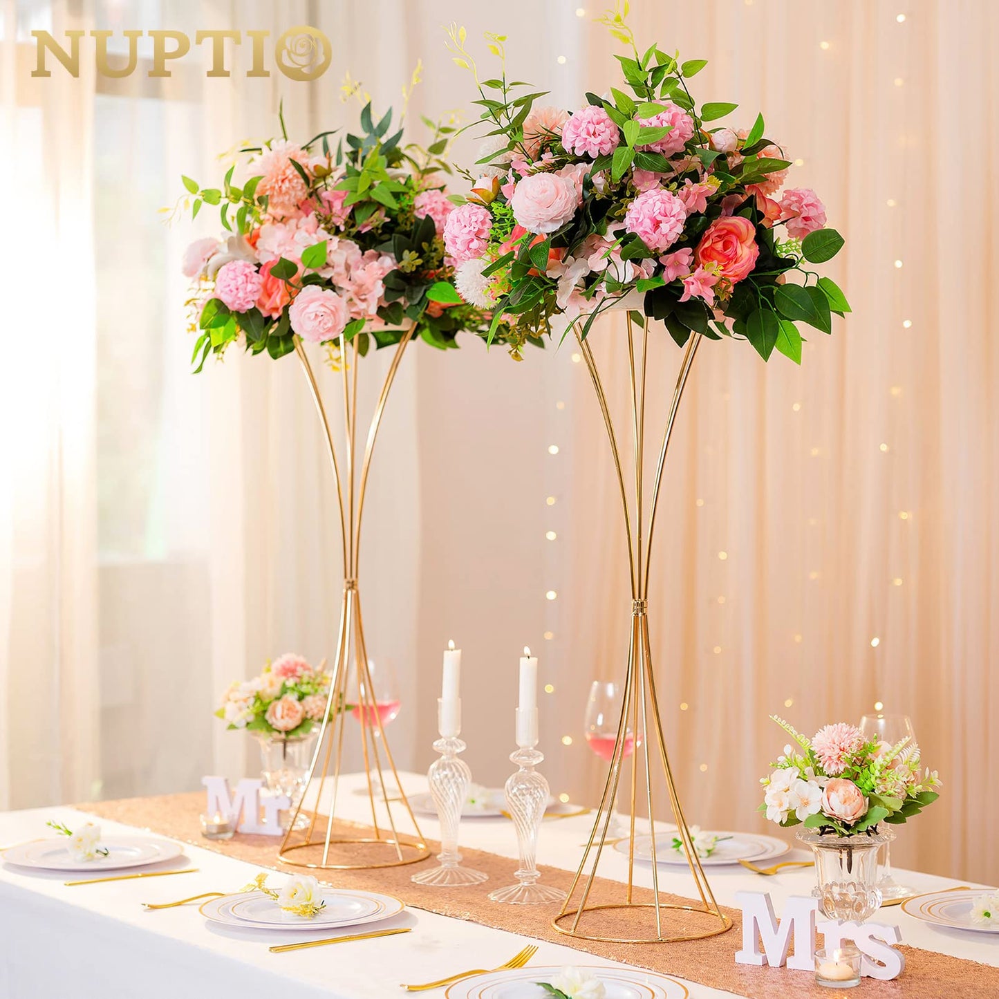 Nuptio 2 Stück Rose Gold Hochzeit Mittelstücke Tischvase, 79cm Hoch Metall Trompete Vase, Straße Führen für Hochzeitsfeier Abendessen Herzstück, Blumenständer für Weihnachten Jubiläum Dekoration