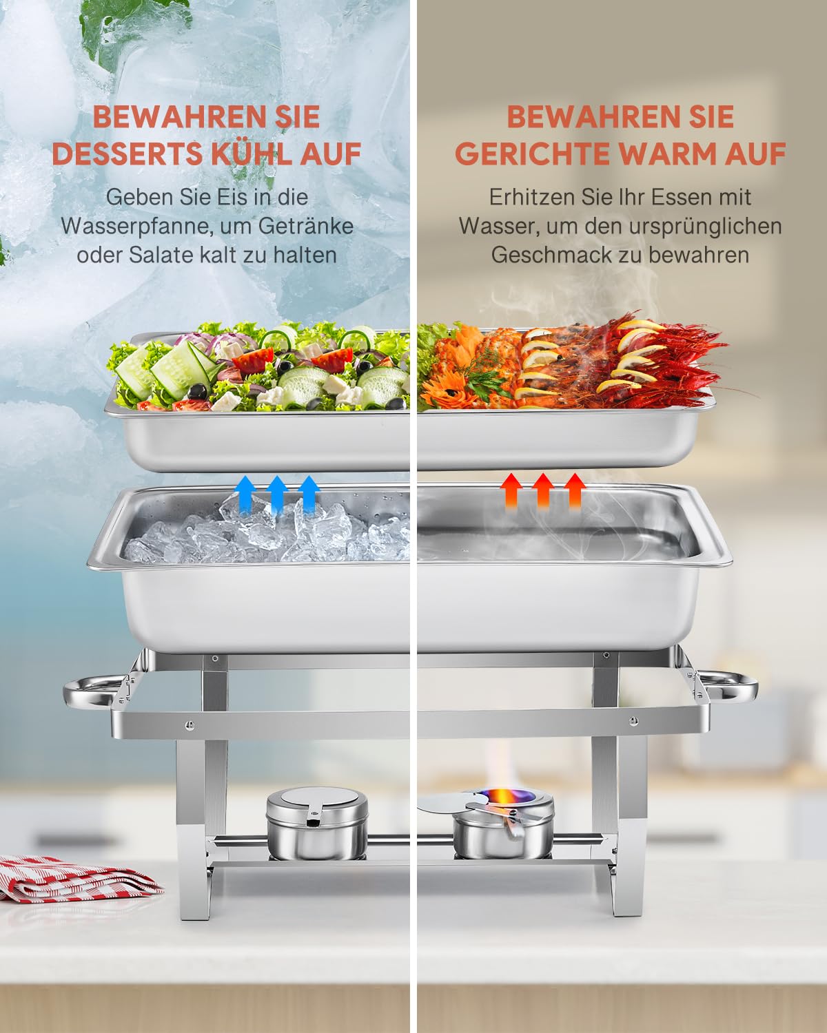 Wilprep Chafing Dish Edelstahl Buffet-Set Warmhaltebehälter Speisenwärmer Wärmebehälter Rechaud für Catering, Buffet und Party (4 Set x 9L)