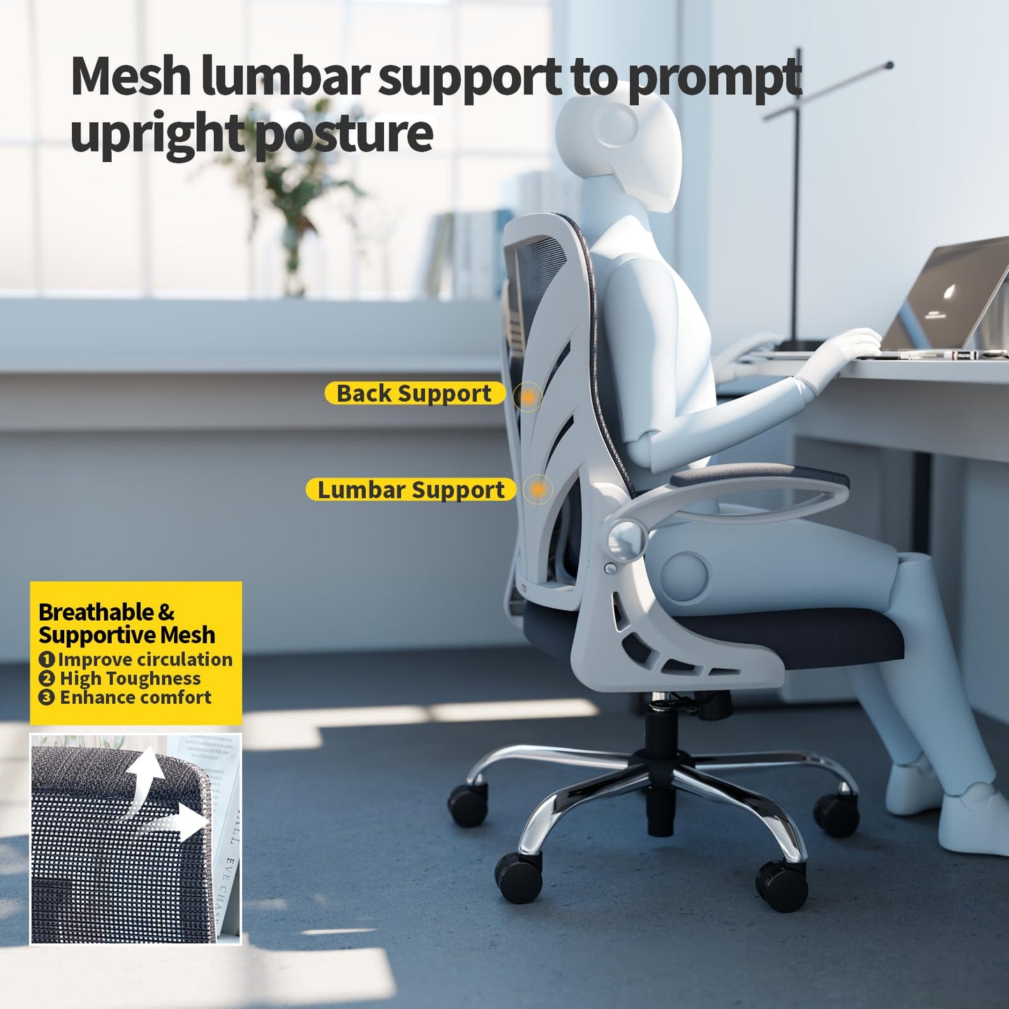 HOLLUDLE Ergonomischer Bürostuhl mit Klappbarer Rückenlehne, Schreibtischstuhl mit Erweitertem Sitz(52 cm), Hochklappbaren Armlehnen und Mesh Lendenwirbelstütze Drehstuhl Computerstuhl, Weiß