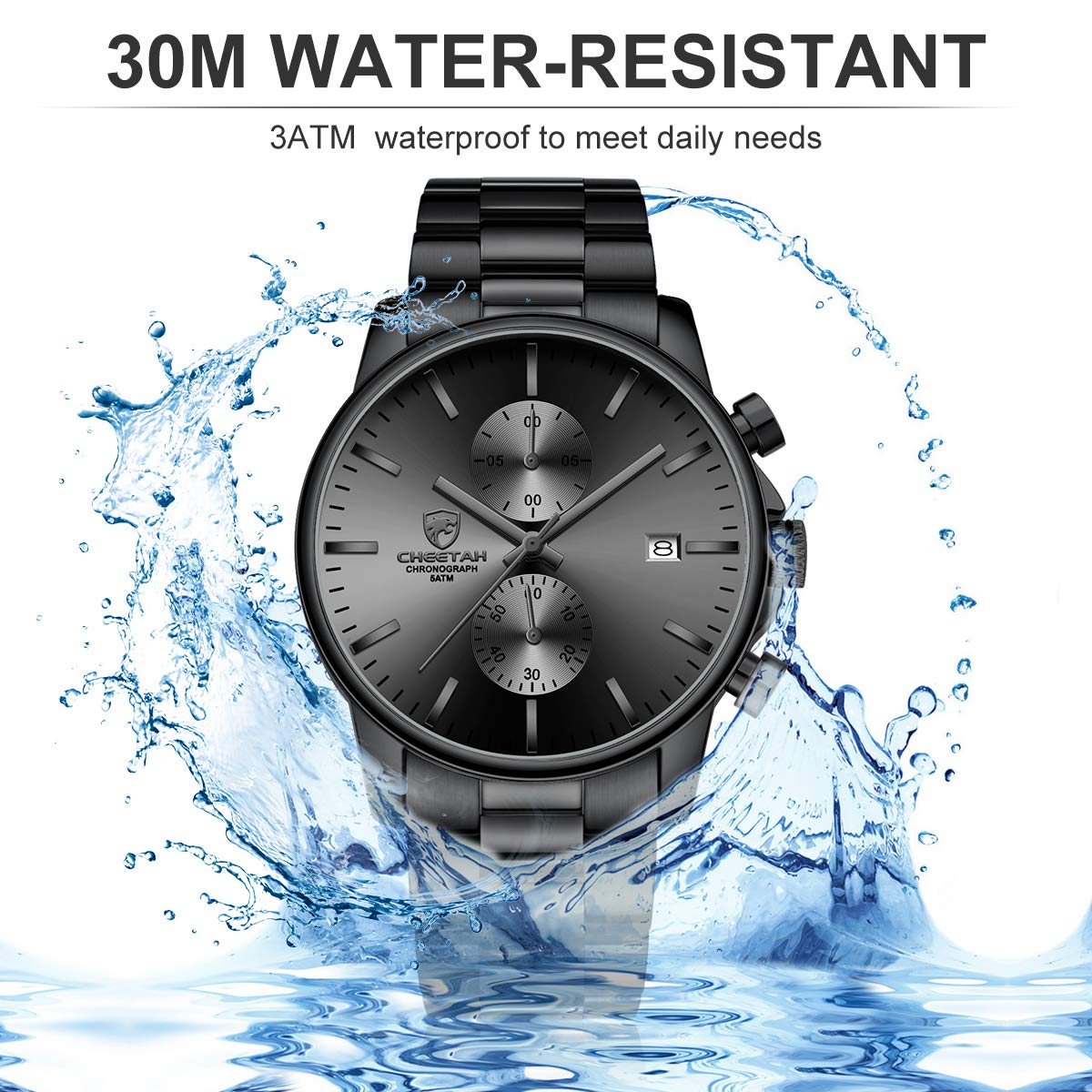 Herrenuhren mit lässiger wasserdichter Chronographen Quarzuhr aus Edelstahl und Metall, Auto Date in farbenfrohen Zeigern