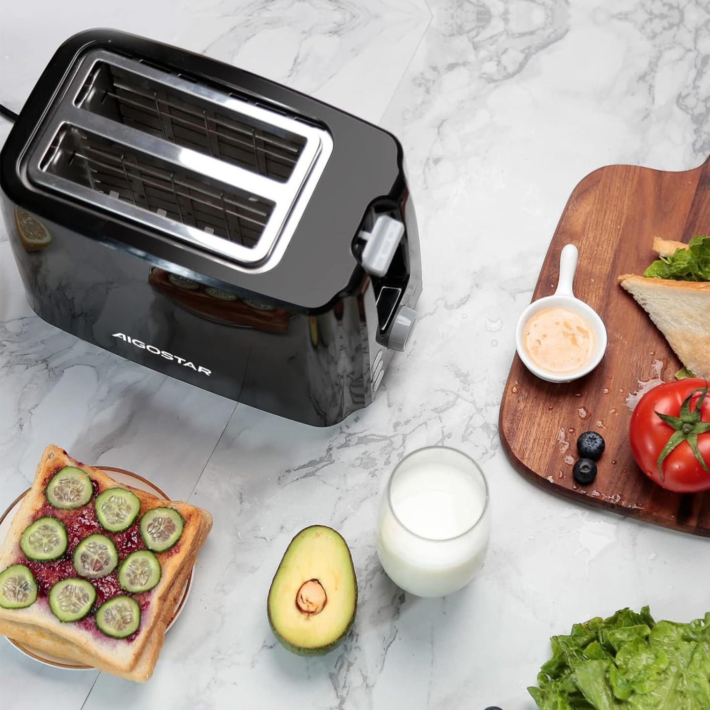 Aigostar Toaster,7 Einstellbare Bräunungsstufe + Auftau- & Aufwärmfunktion,2 Breite Toastschlitze,750W, Sandwichtoaster Schwarz