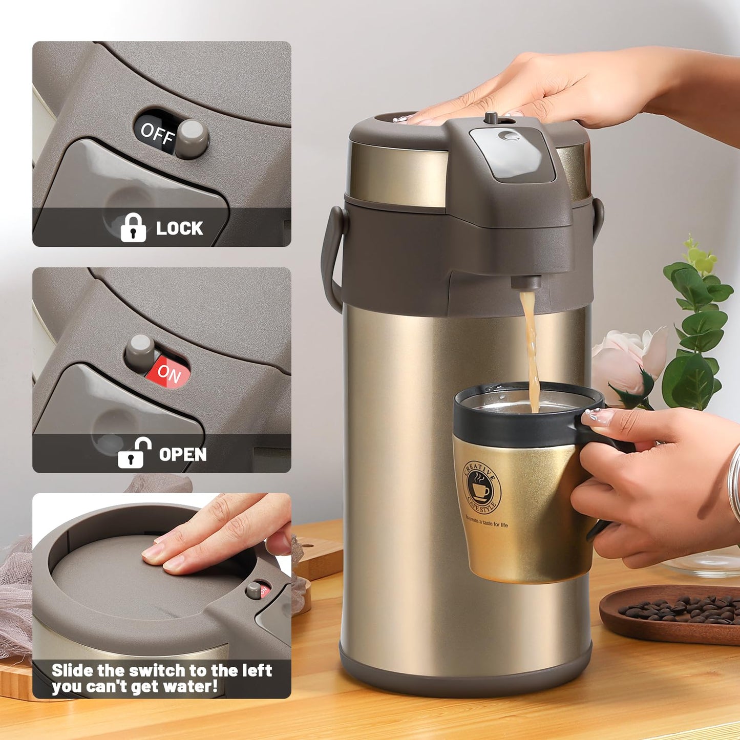 Olerd Pumpkannen Thermoskannen Kaffeespender 4,0 Liter, Edelstahl Doppelwandige Pump Vakuum Isolierkanne mit Pumpmechanismus, Kaffeekaraffe, Kanne für 24 Tassen (Gold)