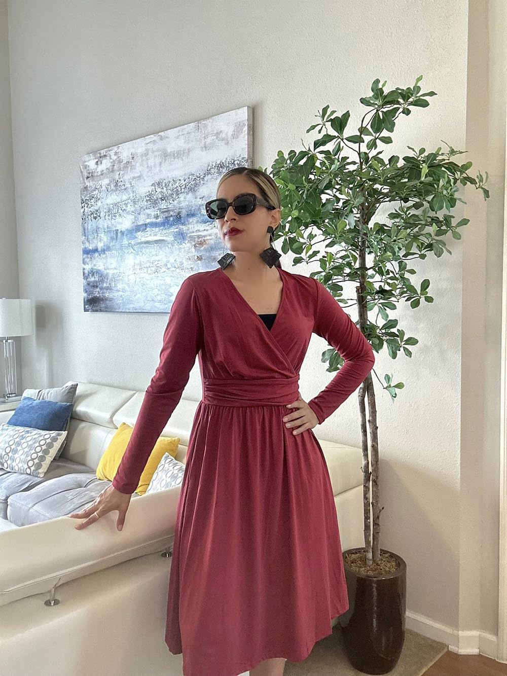 OUGES Kleid Damen Herbst V-Ausschnitt Langarm Kleider Herbstkleid Knielang Winterkleid Midi Mit Taschen