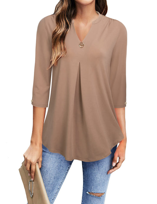 Gaharu Damen Bluse, 3/4 Arm Bluse Damen Büro Outfit Casual Business Oberteil Frauen Schick Festlich Lang Tunika Damen Lässig für Leggings,Damenshirt Halbarm Elegant Lässig Halbarm Blusen Khaki,M