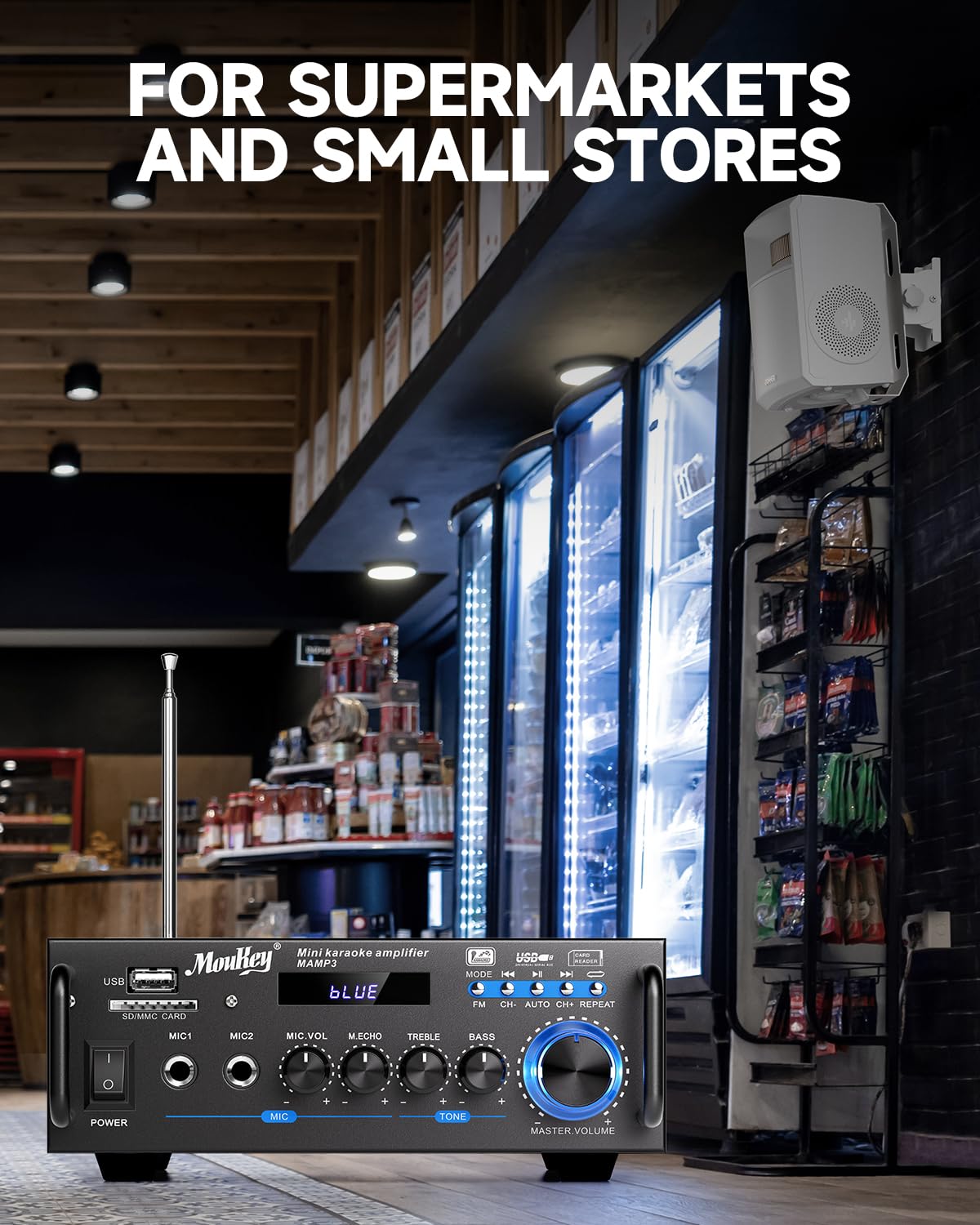Moukey 2.0 Kanal Stereo Bluetooth Karaoke Verstärker, 100W Stereo Audio Verstärker Empfänger, Verstärker HiFi mit RCA, USB, SD, 2 Mic Eingänge, FM Radio für Auto oder Zuhause, MAMP3