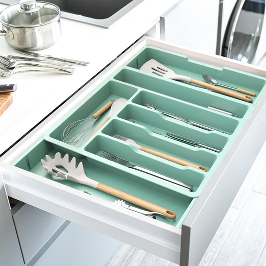 Erweiterbarer Besteckkasten für Schubladen – Verstellbarer Besteckeinsatz mit 8–10 Fächern, Blau