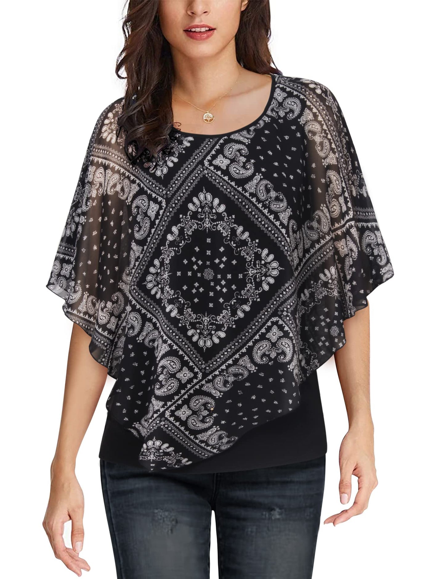 Vafoly Damen Business Casual Top Trendiger Rundhals Fließende Shirt Bedruckter Chiffon Doppellagiger Poncho Tunika Leichte Sommer bluse Unregelmäßiger Saum Modisches Arbeitstop 2022 Schwarz Weiß XXL