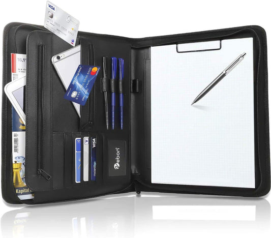 Vebon® Schreibmappe A4 groß"New York" I Veganes Leder, Reißverschluss + Klemmbrett I Konferenzmappe + Laptoptasche I extra Stauraum I Schwarz