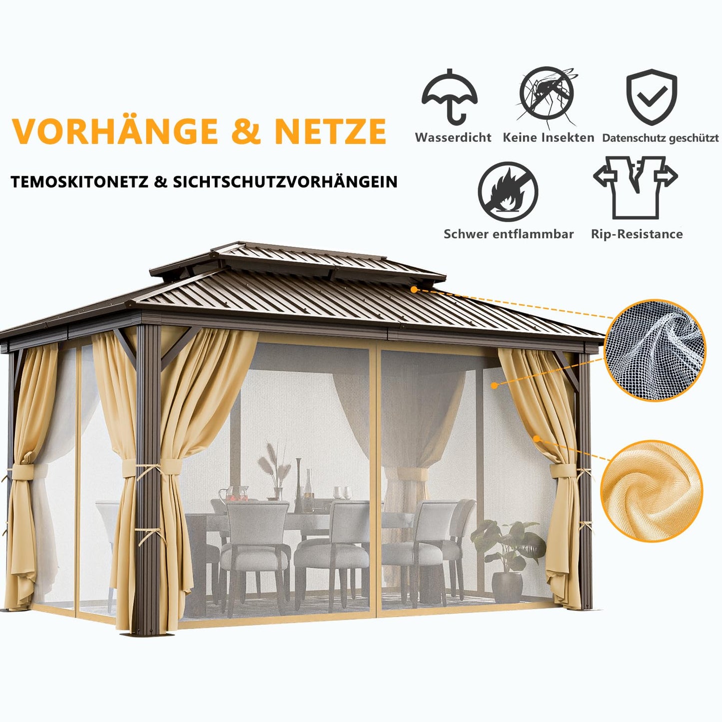 HOTEEL 3x3.65m Hardtop Pavillon Wasserdicht Stabil Winterfest, Gartenpavillon Metall mit Verzinkter Stahl Doppeldach, Alu-Rahmen, Schwer Entflammbare Vorhänge & Moskitonetz, Braun (2025 Aufrüstung)