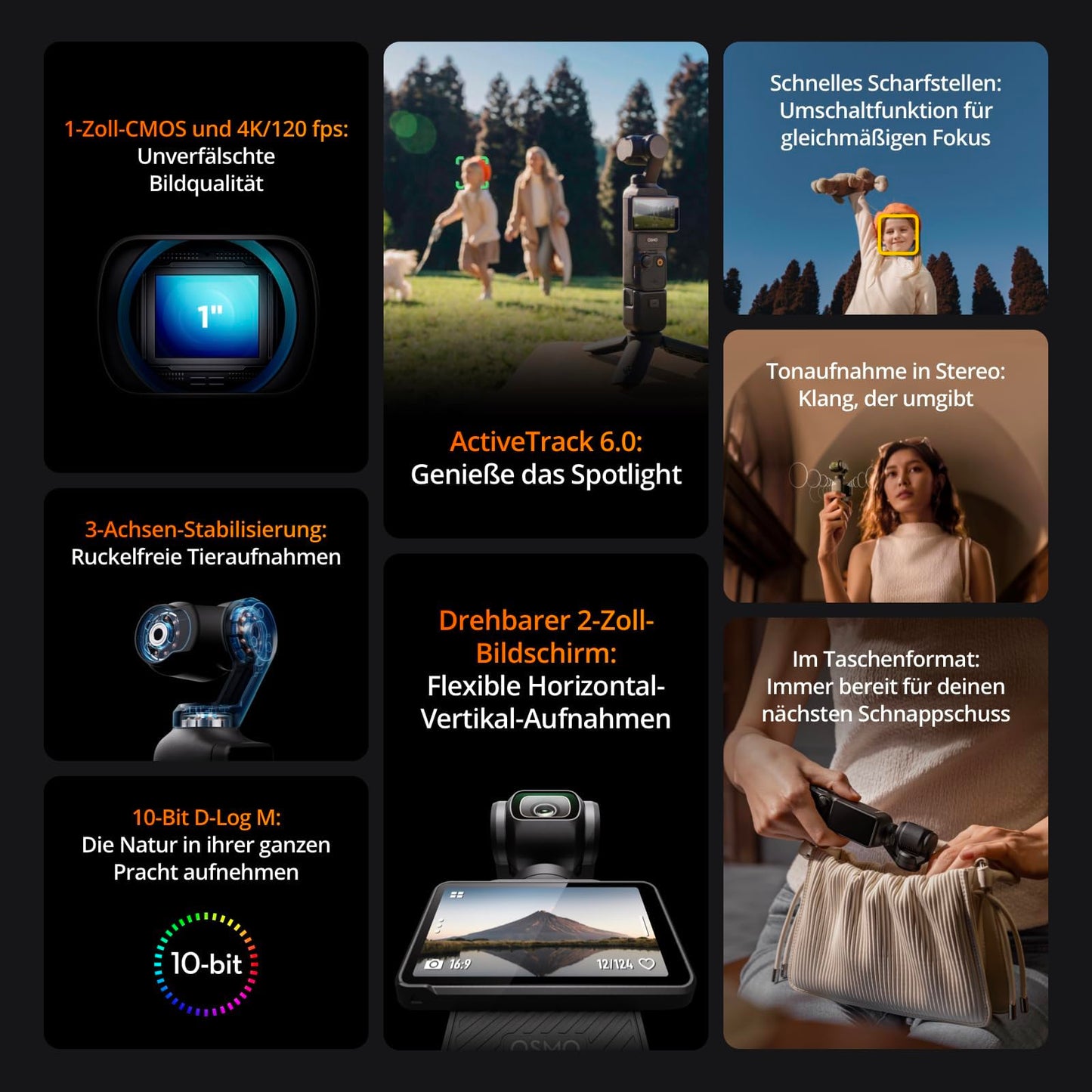 DJI Osmo Pocket 3, Vlogging-Kamera mit 1-Zoll-CMOS und 4K/120 fps Video, 3-Achsen-Stabilisierung, schnelles Scharfstellen, Gesichts/Objektverfolgung, kleine Videokamera für Fotografie