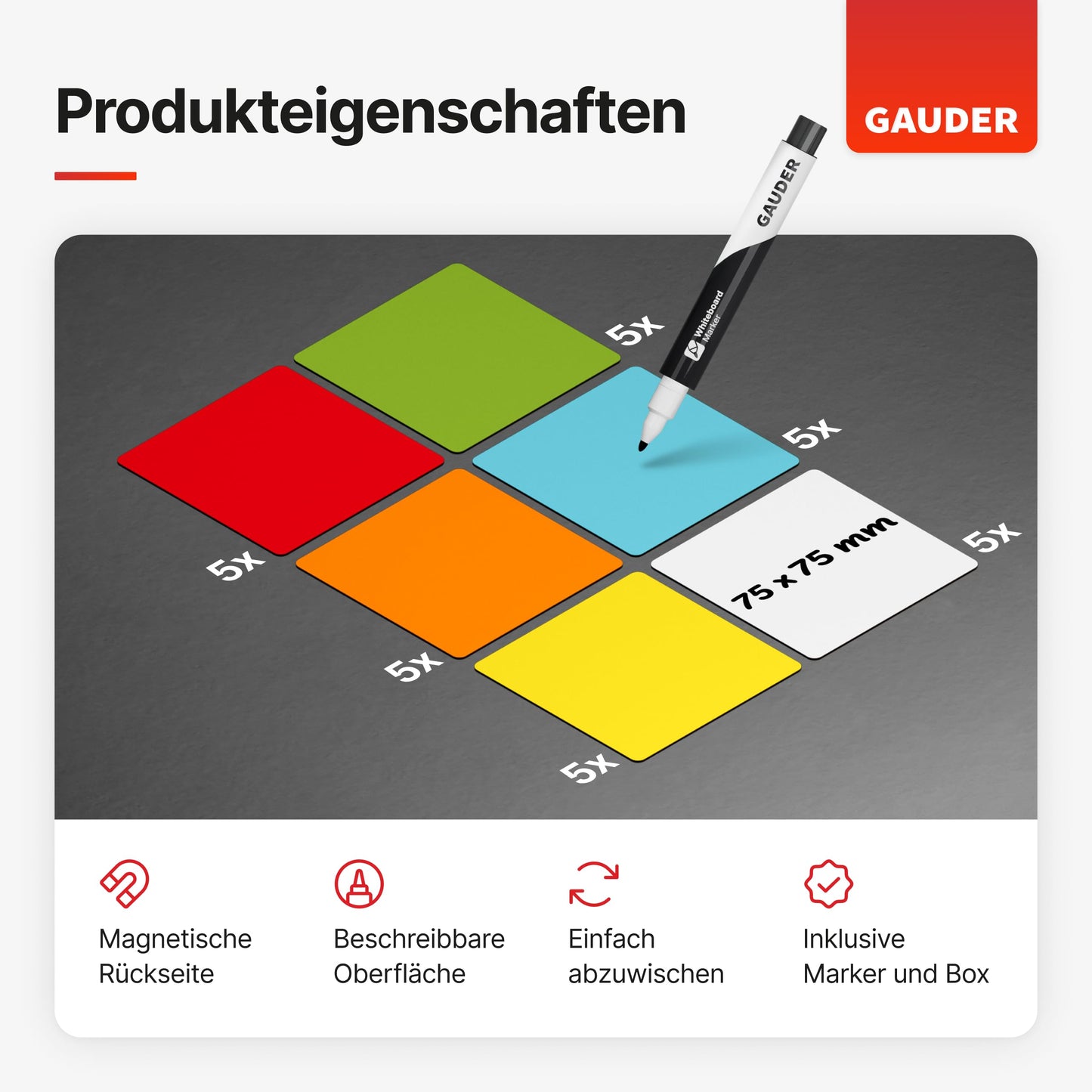 GAUDER Magnetstreifen beschreibbar | Magnetschilder zum Beschriften | Magnetkarten für Kanban Board, Whiteboard & Tafel (75 x 75 mm)