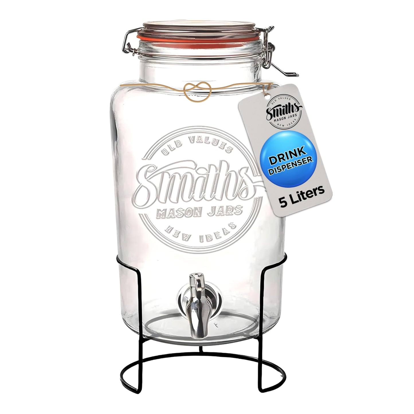 Smith's Mason Jars 5 Liter Getränke oder Wasserspender mit Edelstahl-Zapfenhahn, herausnehmbaren Netzfiltern und Metallständer | Ideal für Limonade, DIY Getränke, frisches Obst und Kräuter