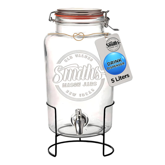 Smith's Mason Jars 5 Liter Getränke oder Wasserspender mit Edelstahl-Zapfenhahn, herausnehmbaren Netzfiltern und Metallständer | Ideal für Limonade, DIY Getränke, frisches Obst und Kräuter