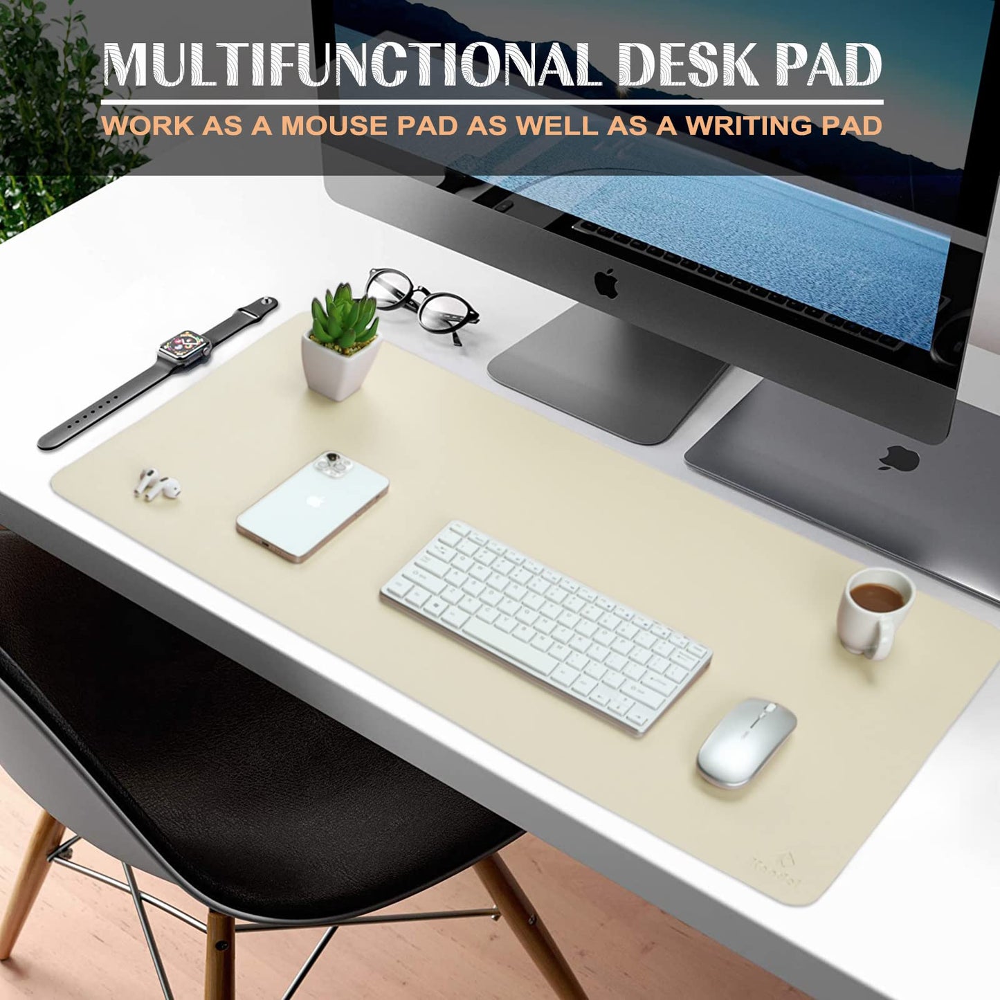 K KNODEL Tischunterlage, Schreibtischunterlage, 90 x 43cm PVC Tischunterlage, Laptop Tischunterlage, wasserdichte Schreibunterlage für Büro- oder Heimbereich, doppelseitig (Elfenbein Creme/Weiß)