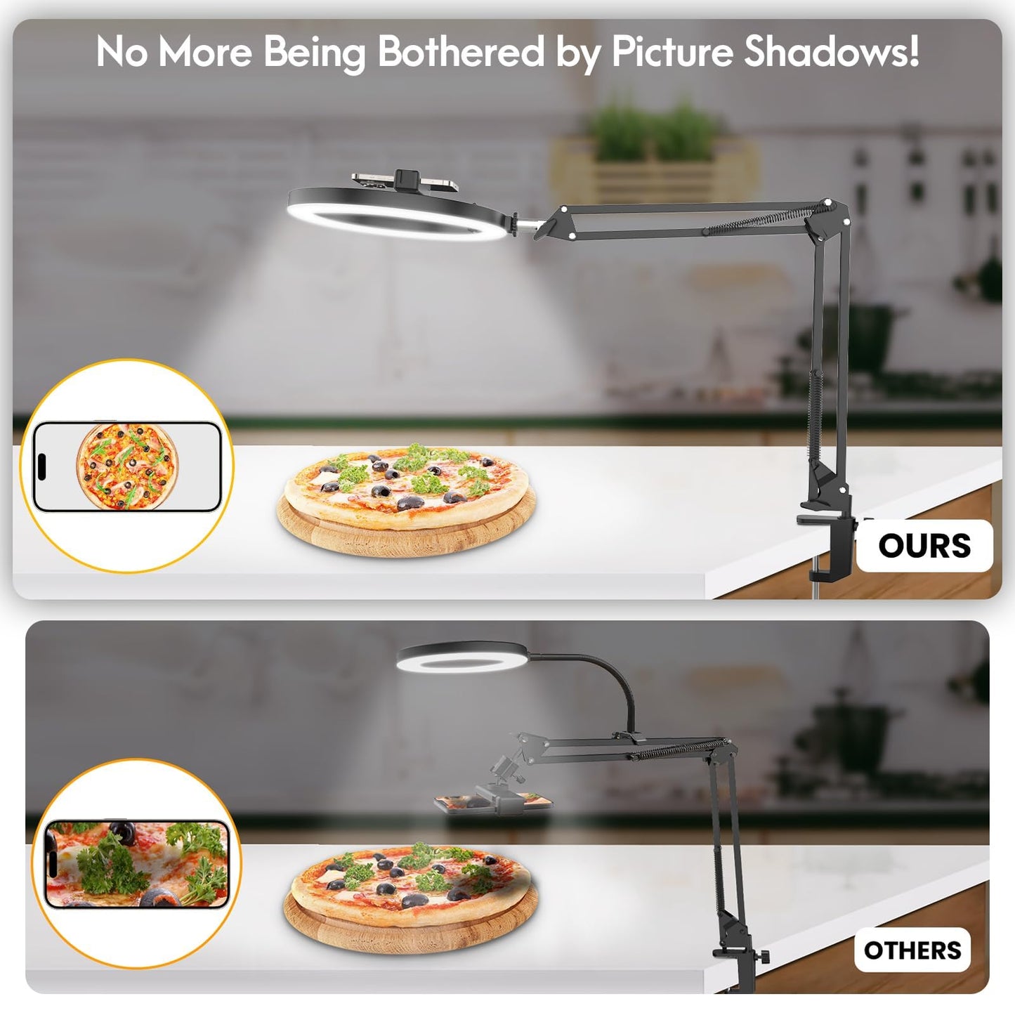 LUXSURE Ringlicht mit Stativ, Overhead Stativ Handy mit Ringlicht, Handy Stativ mit Ringlicht 10", Handy Stativ Tisch mit Ring Light Ringleuchte für Inhaltserstellung, Live-Stream, Videoaufzeichnung