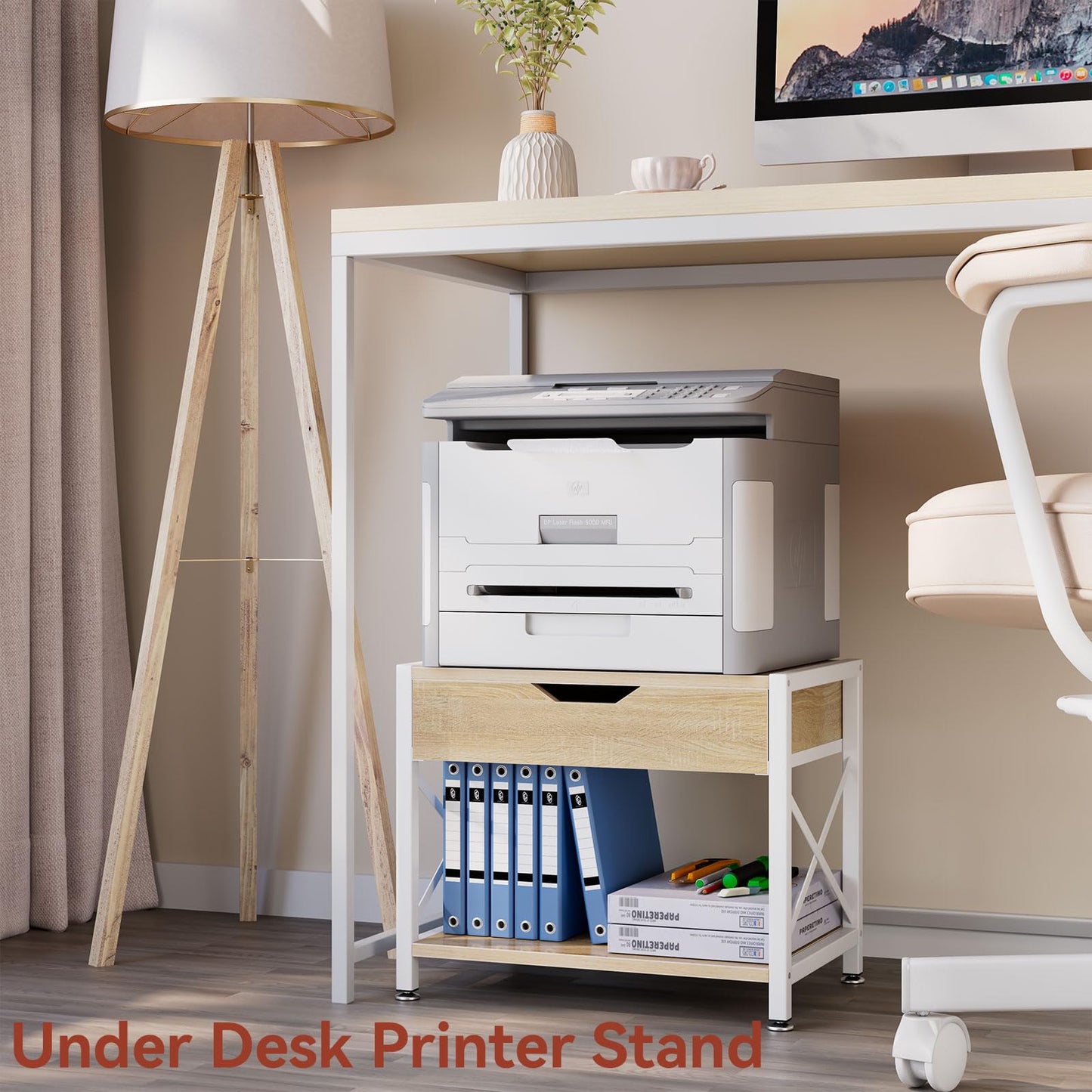 IBUYKE 2 Tier Desktop-Drucker Stand, Mehrzweck-Schreibtisch-Organizer, hölzerne Drucker Stand mit Schublade Lagerung für Ordner, Bücher, für Faxgerät, Scanner, Home Office TLJ012R