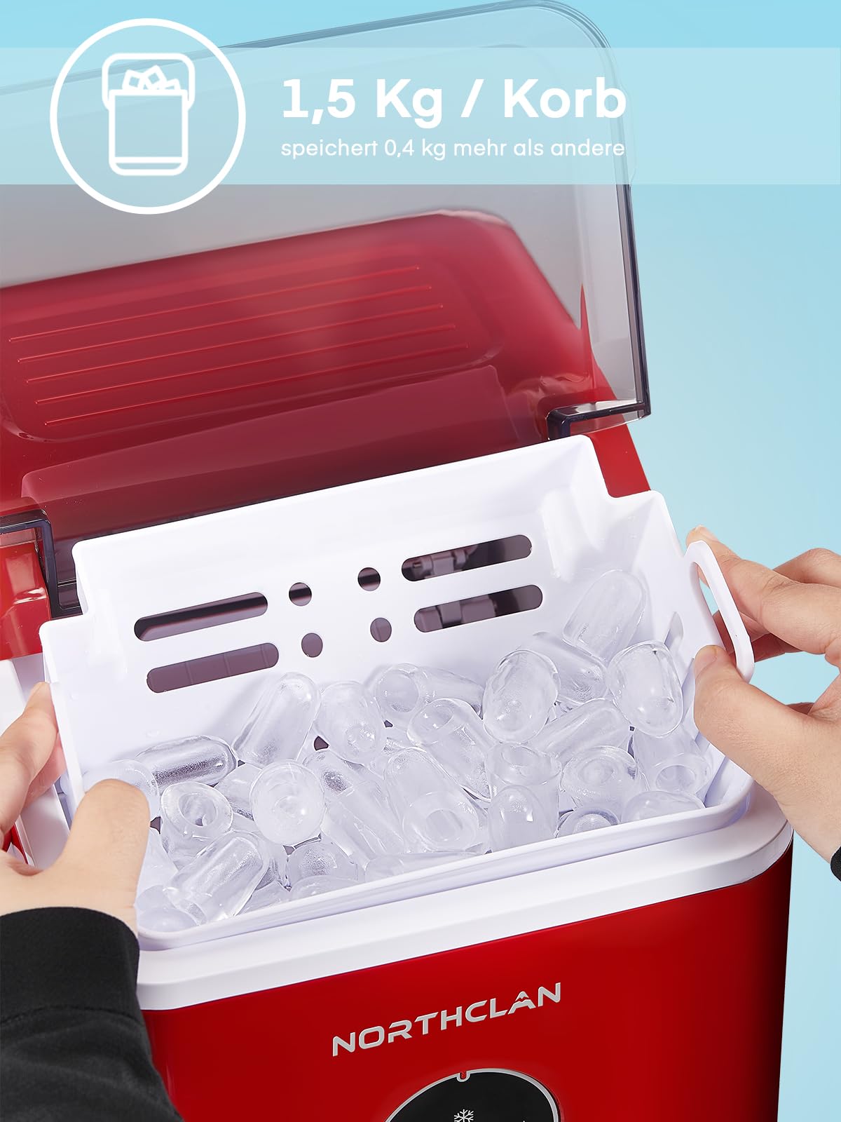 Eiswürfelmaschine Testsieger 2024, 14 kg 24 Stunden, 9 Eiswürfel in 6-8 Minuten, Gerauscharmer Betrieb, 120W Ice Maker mit Schaufel u. Korb, Eiswürfelbereiter für Zuhause, Büro (Rot)
