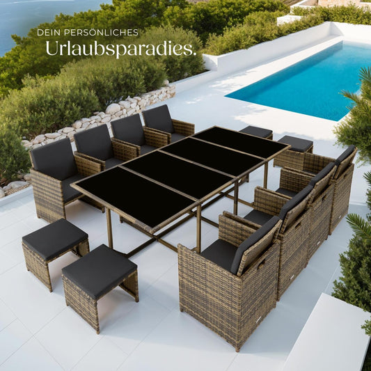 tectake Gartenlounge Set, Polyrattan Gartenmöbel Set, 8+4+1 Sitzgruppe, 8 Stühle 4 Hocker 1 Tisch, Balkon Möbel als Würfel verstaubar, für Garten, Balkon, Terrasse - Natur/dunkelgrau