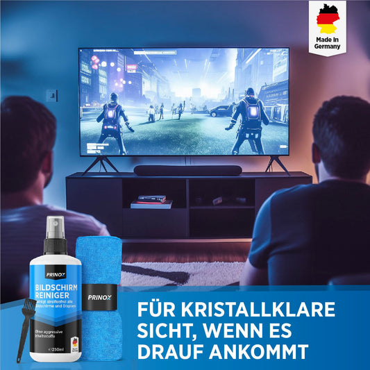 PRINOX Bildschirmreiniger Set 250ml mit Mikrofasertuch und Pinsel - Display Reiniger für Handy, Laptop und TV Displays (LCD, LED, OLED, QLED, TFT) gegen Fettflecken und Fingerabdrücke