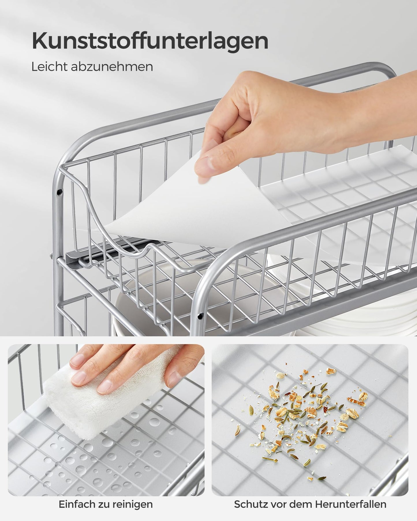 SONGMICS Küchenschrank Organizer, Küchenregal, Ordnungssystem, 2 Ebenen, stapelbar, erweiterbar, mit Metallkörben, für Küche, metallisches Silber KCS017E01