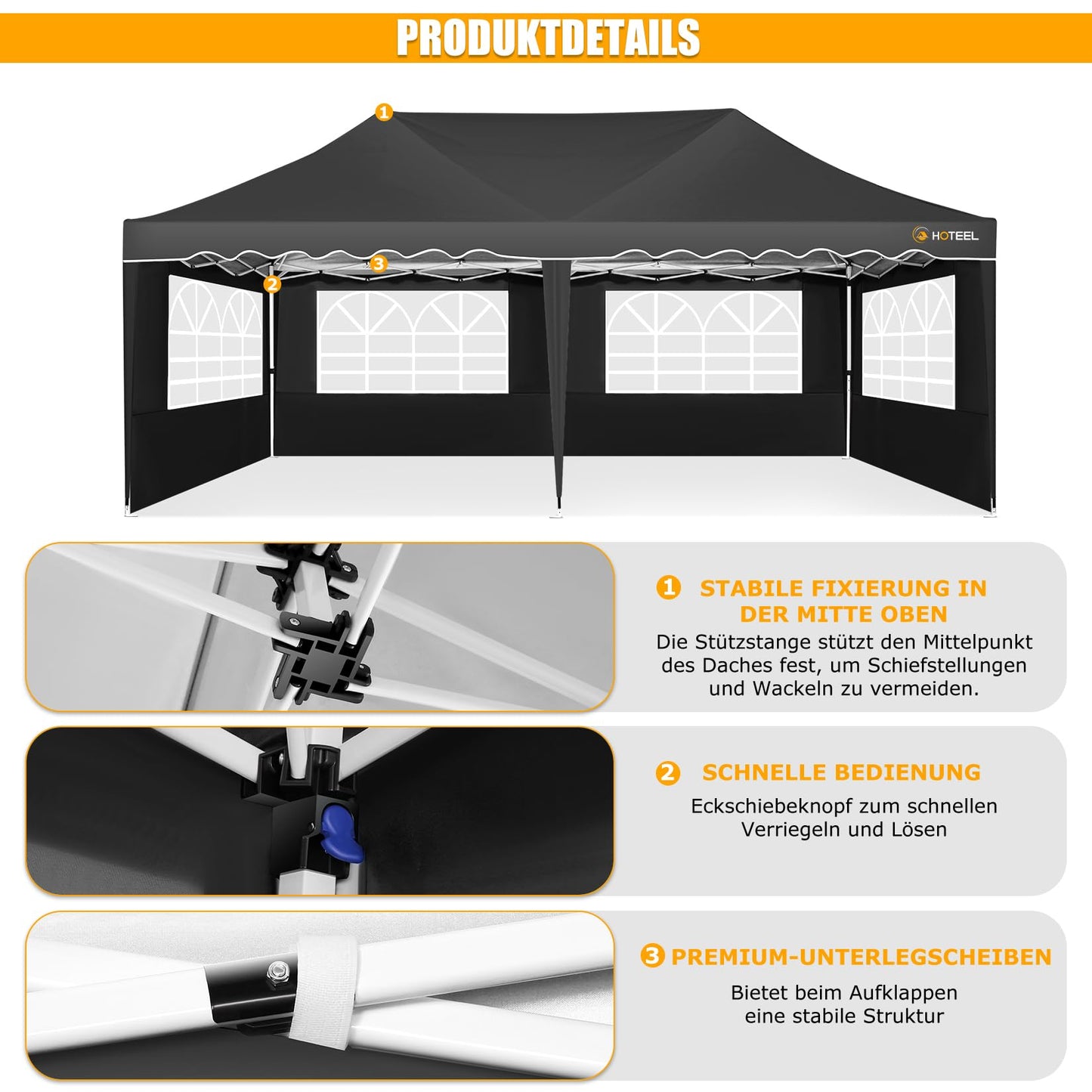 HOTEEL Pavillon 3x6 Faltpavillon 3x6 Wasserdicht Stabil, Partyzelt Faltbar Anti-UV 50+ Pop Up Gartenpavillon mit 6 Seitenwänden, 4 Sandsäcke, Tasche mit Rollen, für Hochzeiten Partys Markt, Schwarz