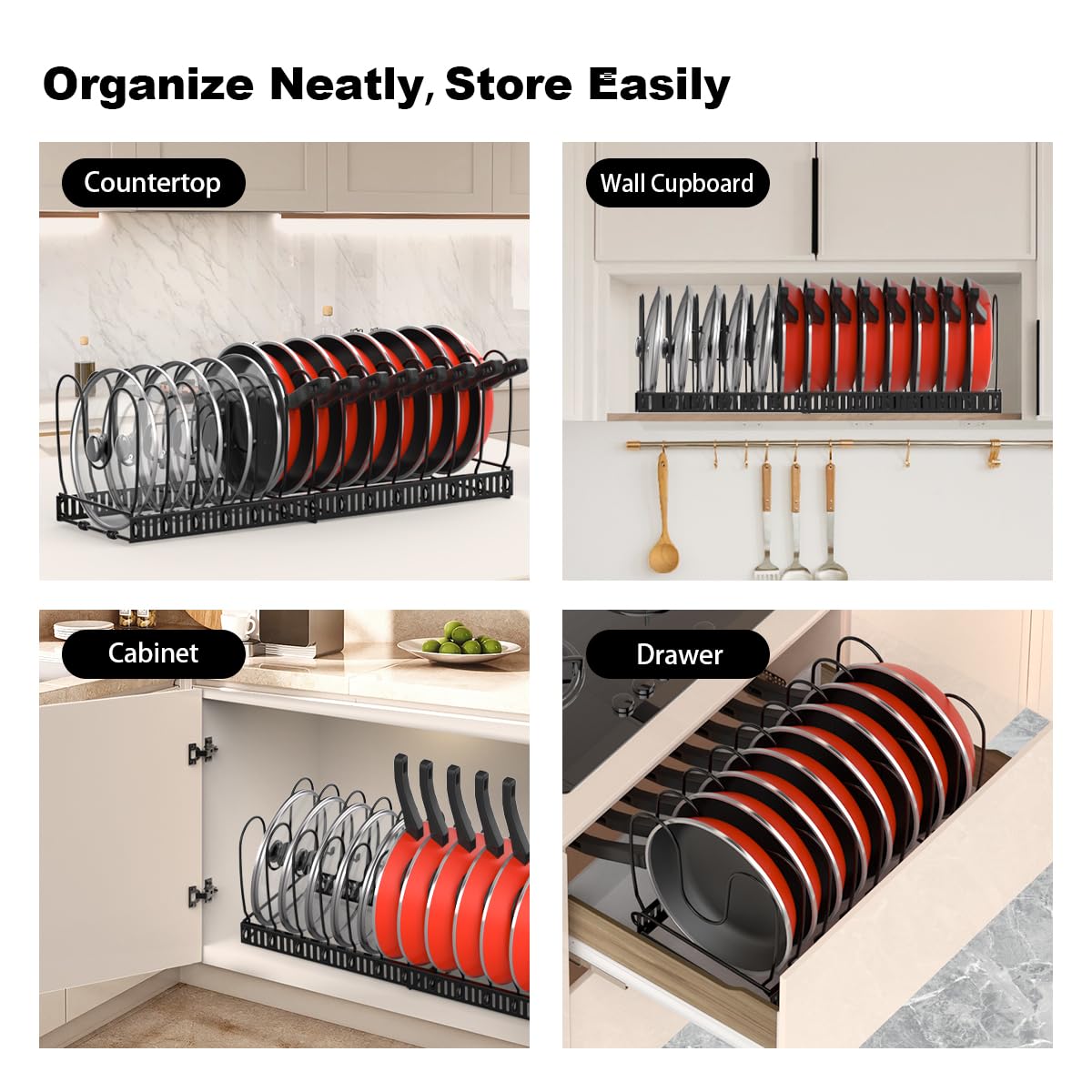 Housolution Pfannenhalter für Schublade, Erweiterbarer Topfdeckelhalter mit 14 Verstellbaren Teiler, Topfdeckel Aufbewahrung Pfannen Organizer Deckelhalter für Küche, Schwarz