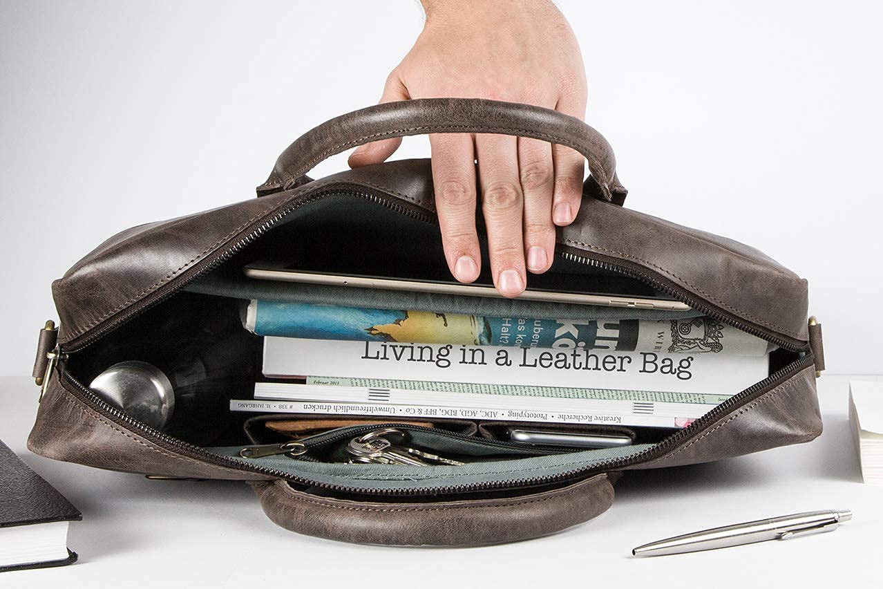 Holzrichter BERLIN Tragetasche No 1-1 (M) schwarz-anthrazit - Große Briefcase-Aktentasche & Laptoptasche handgefertigt aus Premium-Leder