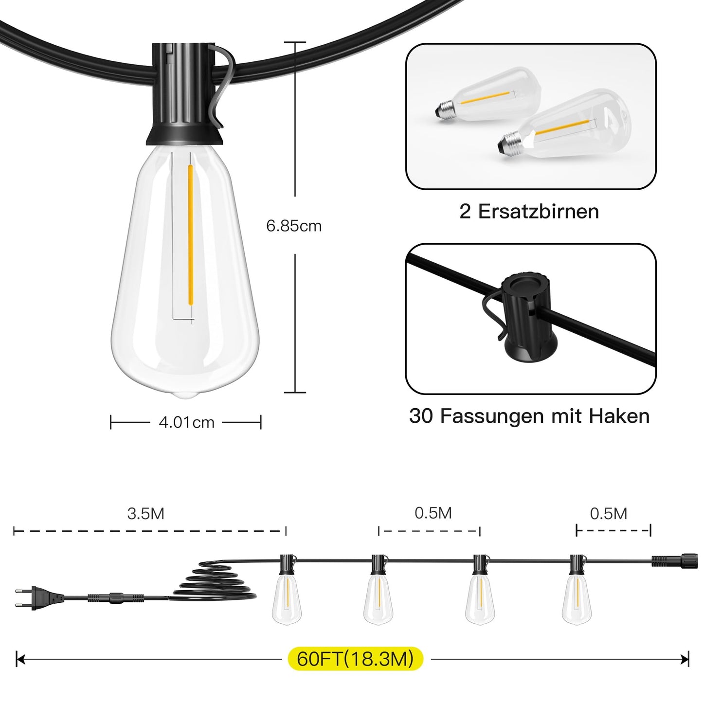 Torkase LED Lichterkette Außen Strom 18m - Outdoor Lichterketten 60FT mit Aussen Wetterfest 30+2 ST38 Glühbirne Warmweiß Aussenlichterkette für Balkon Garten Pavillon Terrasse Vorzelt Hochzeit Party