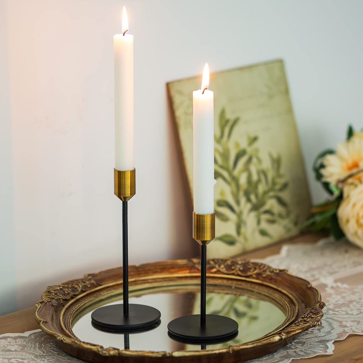 Romadedi Kerzenständer Gold & Schwarz - 3er-Set Hoch Kerzenhalter Unterschiedlicher Größe für Stabkerze Kerzen Metall Vintage Modern Deko Tischdeko für Weihnachten Hochzeit Wohnzimmer, 24/20/14 cm