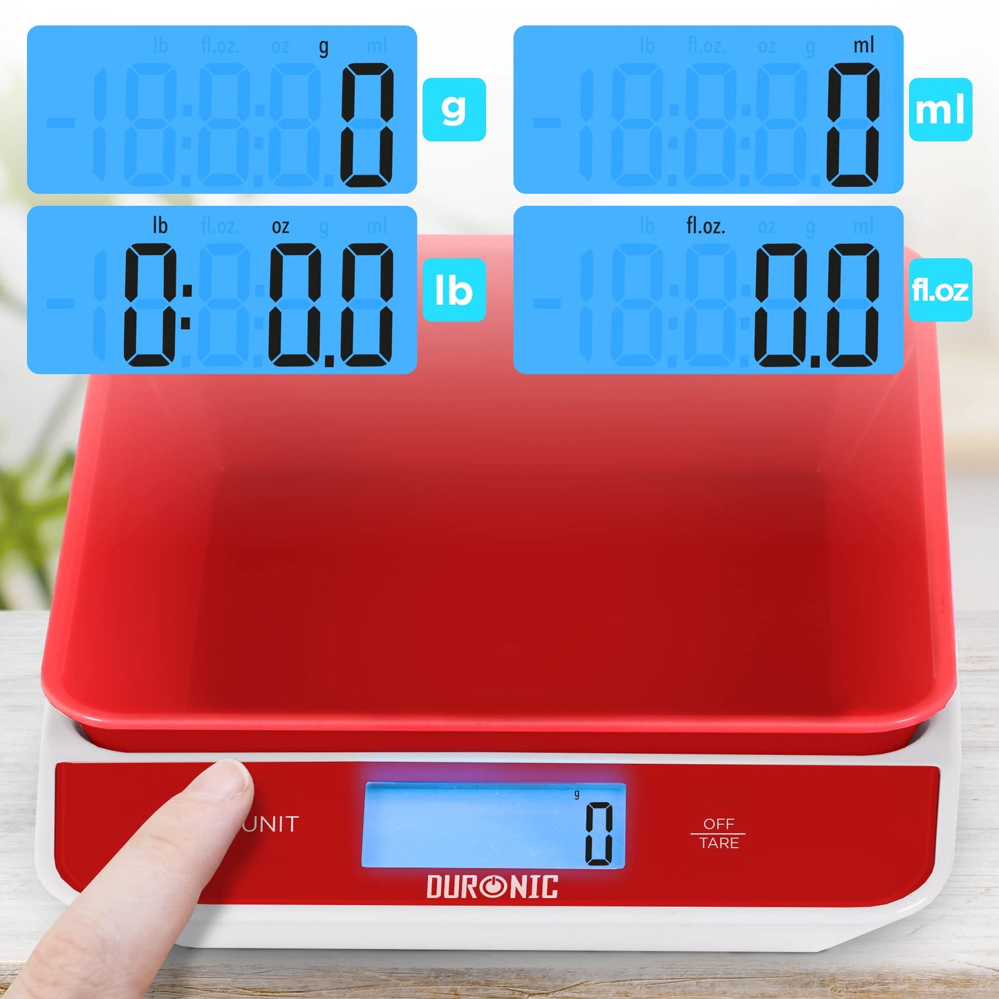 Duronic KS100 RD Küchenwaage | 5 kg Digitalwaage mit 1,2 L abnehmbarer Schüssel | 1 g grammgenau Präzision-Feinwaage | Haushaltswaage mit Tara-Funktion | Digitale Waage mit Hold-Funktion | Zum Kochen