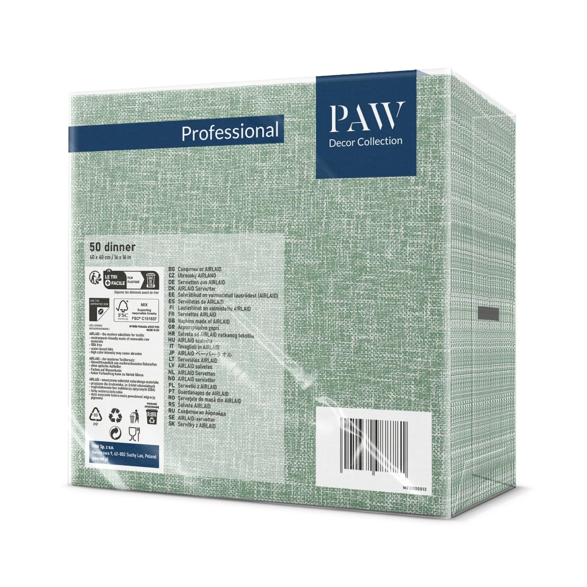 PAW - Servietten aus Airlaid - Stoffähnlich (40 x 40 cm) I 50 Stück I Ideal für Hochzeit, Taufe, Kommunion, Geburtstag I Stoffservietten - Natur, Grün I Farbe: Linen Structure GREEN