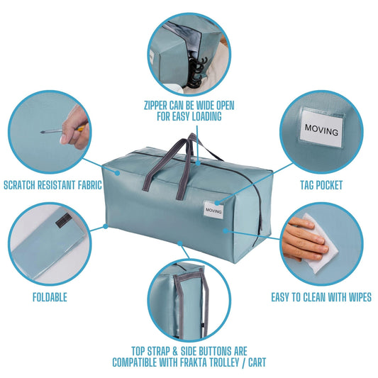 VENO 87 Liter extra große Umzugstaschen mit Rucksackgurten, Umzugshelfer, starke Griffe und Reißverschlüsse, Kleideraufbewahrung, Wäschesäcke, wiederverwendbar und nachhaltig (Hellblau, 4er-Pack)
