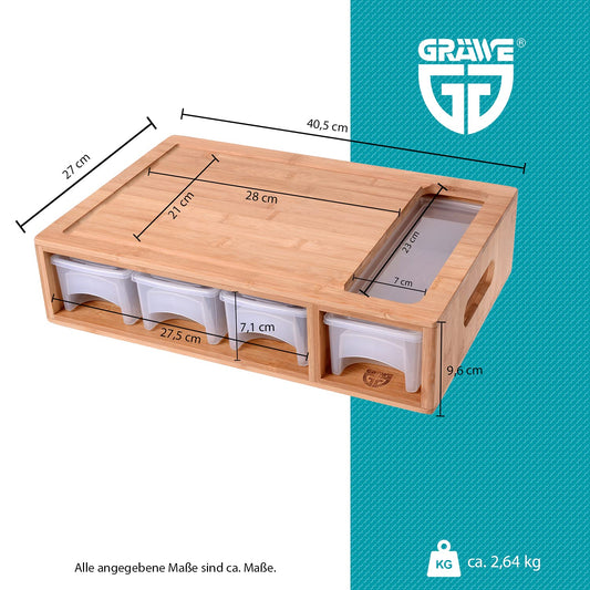 GRÄWE Bambus Schneidebrett groß, 40,5 x 27 cm, Holzbrett für Rechtshänder, Küchenbrett mit Auffangschalen, klingenschonend, rechteckig