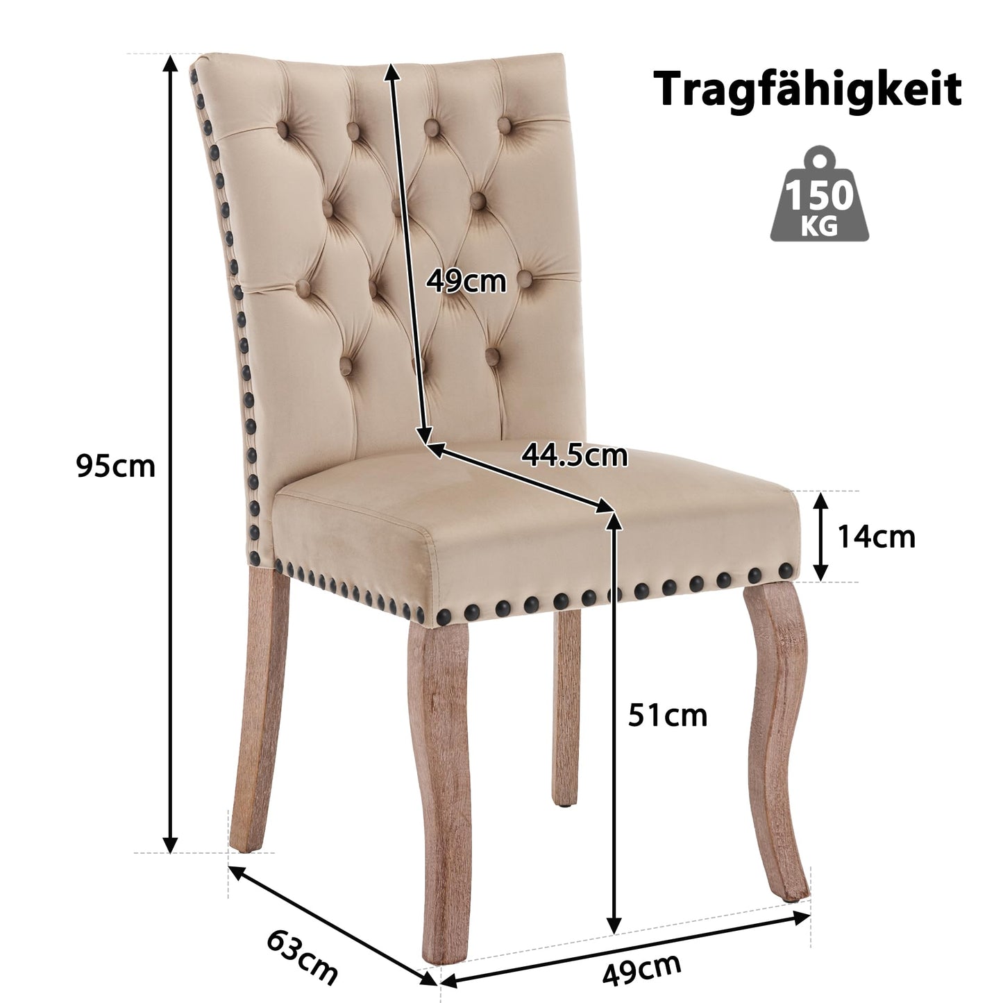 Merax Esszimmerstühle 6er Set, Hoher Rücken, Bequeme Polsterung, Vintage-Samt-Sitzfläche mit Knopfdekoration. Für Büro, Küche, Schlafzimmer. Stabiler massiver Holzrahmen, Helles Kamel