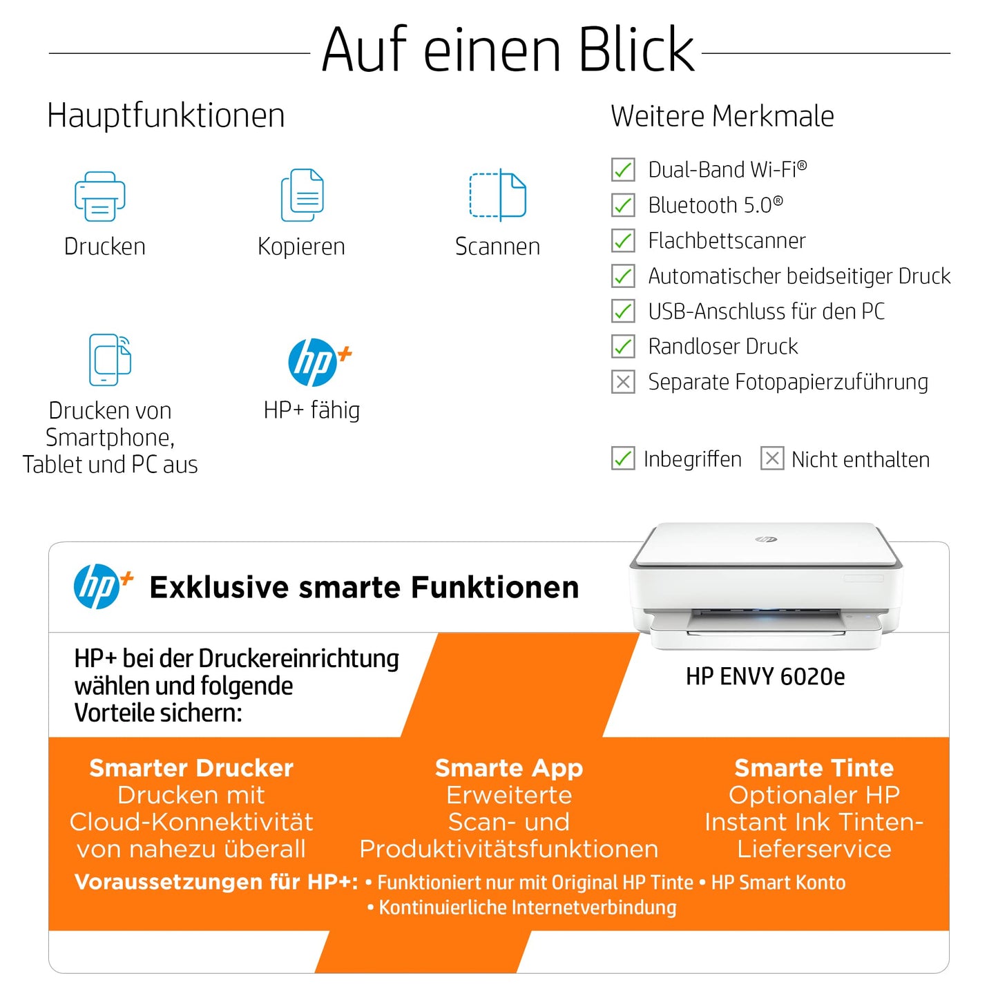 HP ENVY 6020e Multifunktionsdrucker, 6 Monate gratis drucken mit HP Instant Ink inklusive, HP+, Drucker, Scanner, Kopierer, WLAN, Airprint