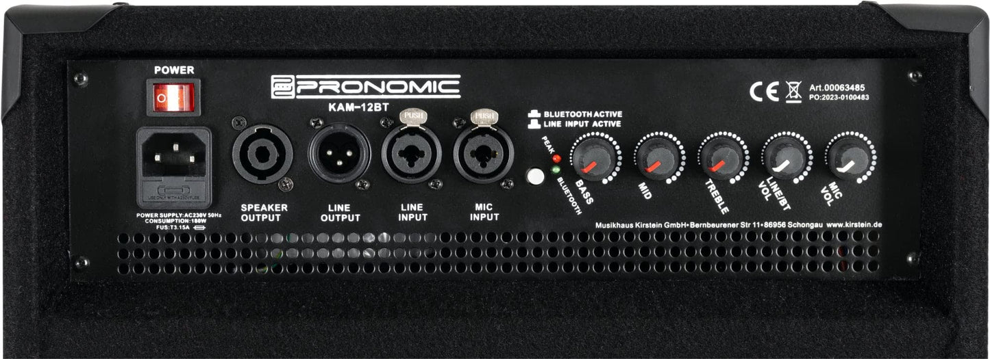 Pronomic KAM-12BT Aktiver Bühnenmonitor - PA Monitor Lautsprecher mit Bluetooth- 120 Watt (RMS), 3-Band-Equalizer - 12" Woofer - 3" Hochtöner