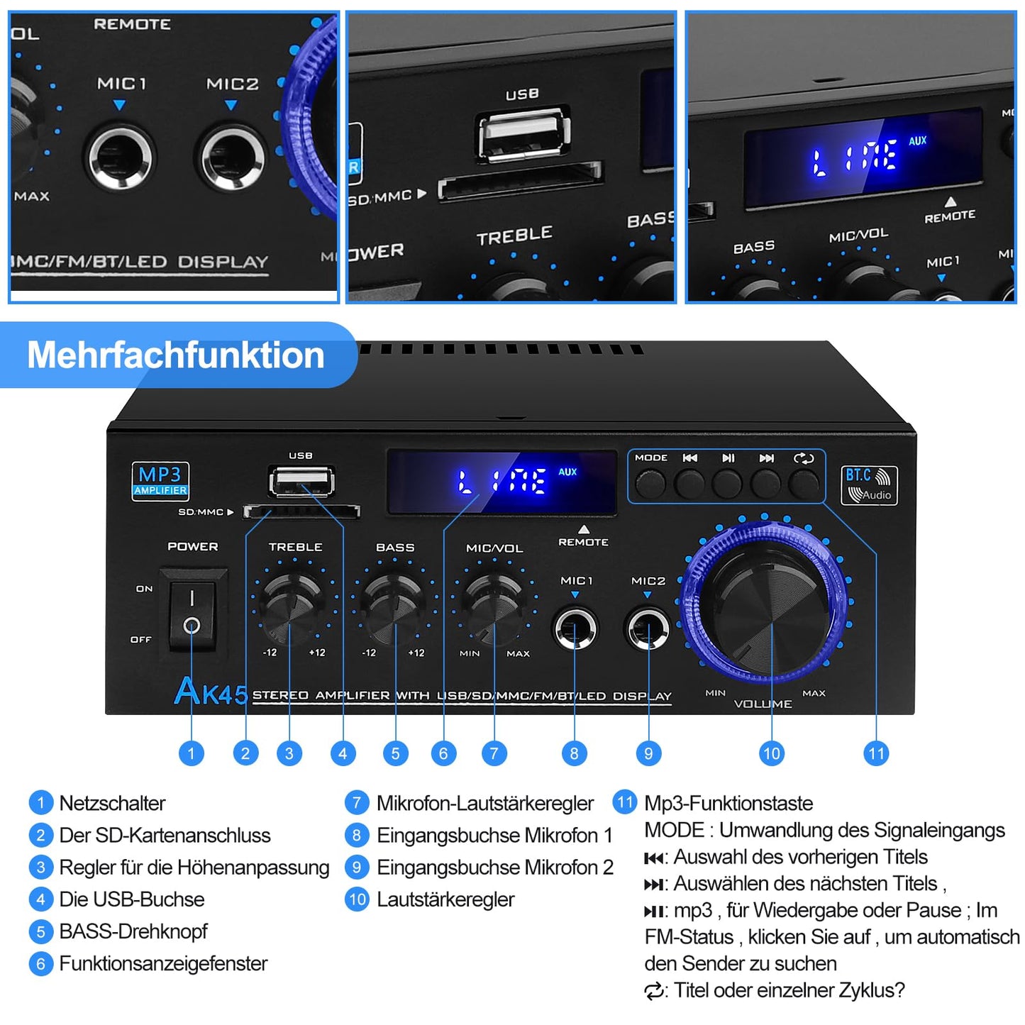 HiFi-Verstärker AK45 Mini Bluetooth Stereo-Audioverstärker Receiver 12V/ 220V 400W 2 Kanäle Digitale Endverstärker Soundverstärker w/UKW-Radio, SD/USB-Karteneingang, für Zuhause oder Auto