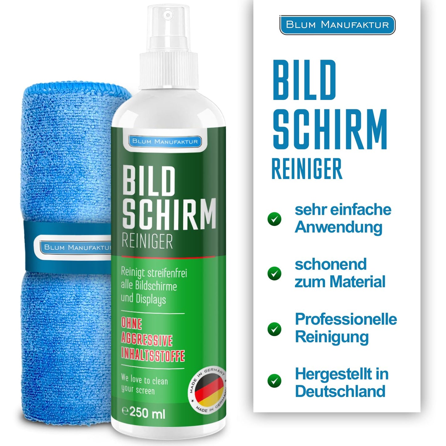Blum Manufaktur 250ml Bildschirmreiniger + 30x30 cm Mikrofasertuch - Screen Cleaner - Display Reiniger - Absolut streifenfreie Reinigung von Handy, Laptop, PC, TV