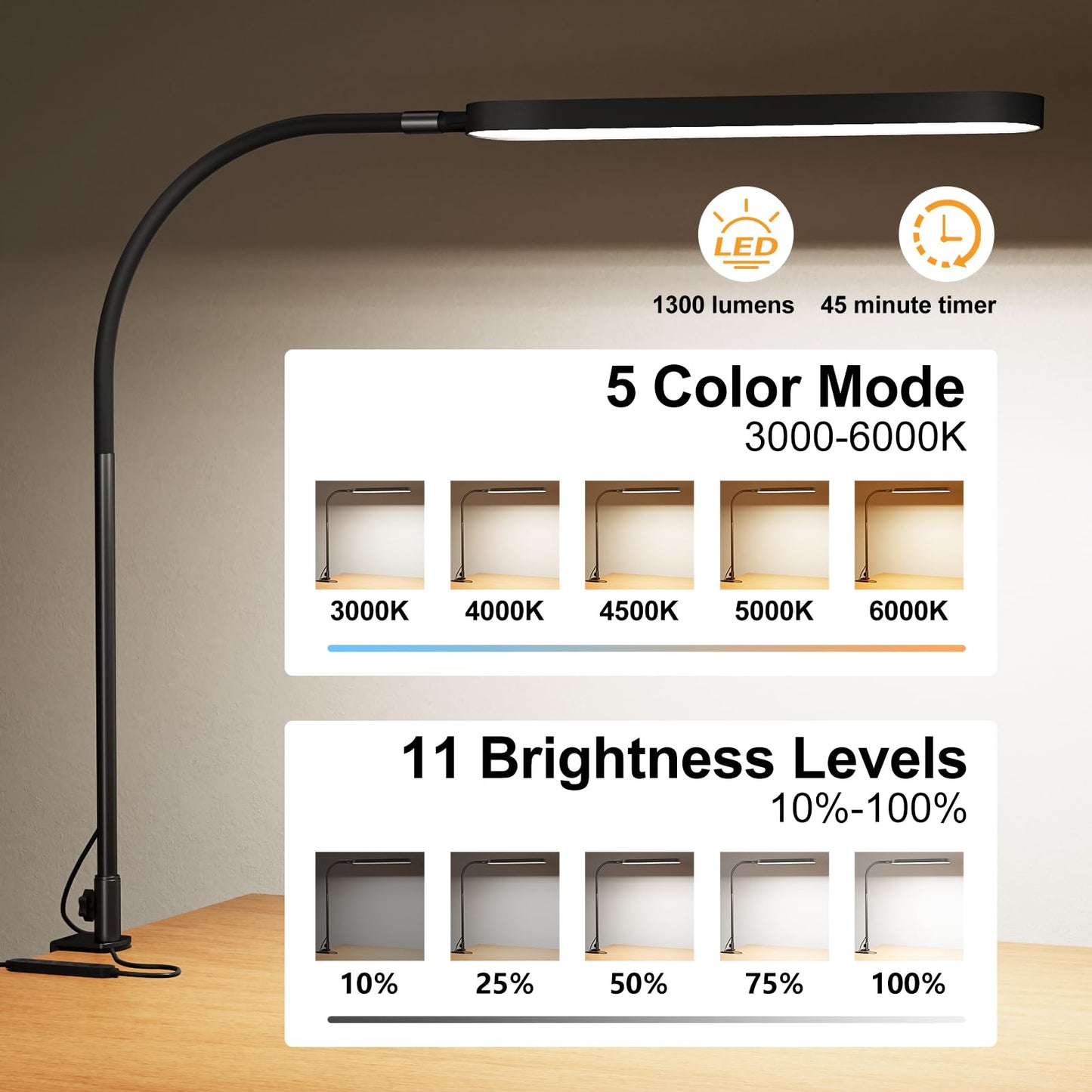 SKYLEO Schreibtischlampe LED – 85cm Schreibtisch Lampe – Flexibler Schwanenhals – 5 Farbmodi x 11 Helligkeitsstufen – 1300LM – Timmer und Speicherfunktion – 12W Desk Lamp – Schwarz
