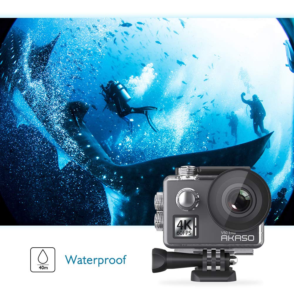 AKASO Action Cam 4K60FPS, Unterwasserkamera 40M Wasserdicht 20MP WiFi Actioncam mit EIS Stabilisierung, 8X Zoom,Sprachsteuerung, Fernbedienung, Zubehör Kit -V50 Elite
