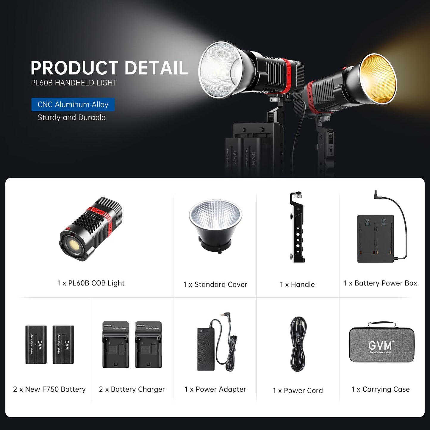 GVM 60W LED Videolicht mit Akku, APP-Steuerung COB Studiolicht LED, 2700K-6800K LED Fotografie Dauerlicht für Film Studio Video YouTube, LED Videolampe mit 12 Lichteffekten, 49300Lux/0,5m Fotolicht