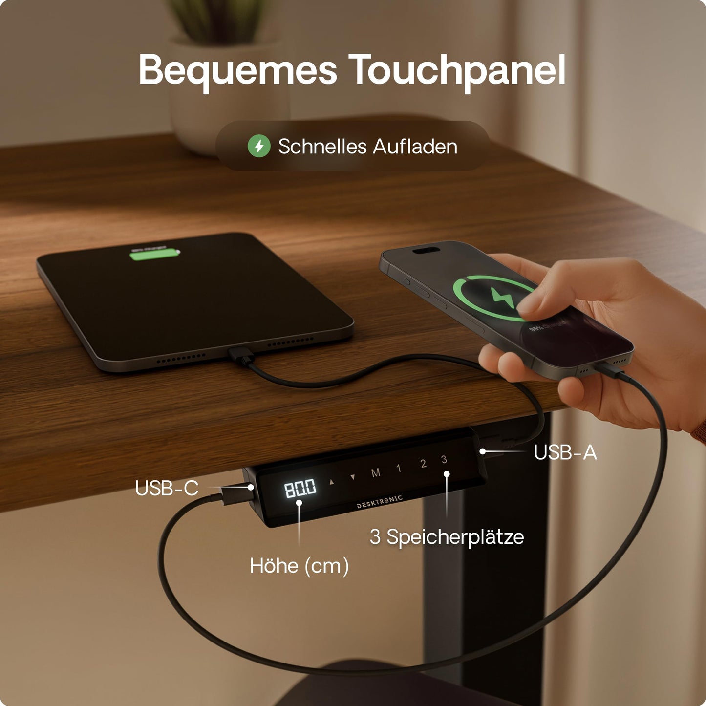 Desktronic HomePro Höhenverstellbarer Schreibtisch 160 × 80 cm – Elektrischer Schreibtisch Mit Zwei Elektrischen Motoren, Touchscreen-Steuerung und Integrierten USB-A- und USB-C-Ladeanschlüssen