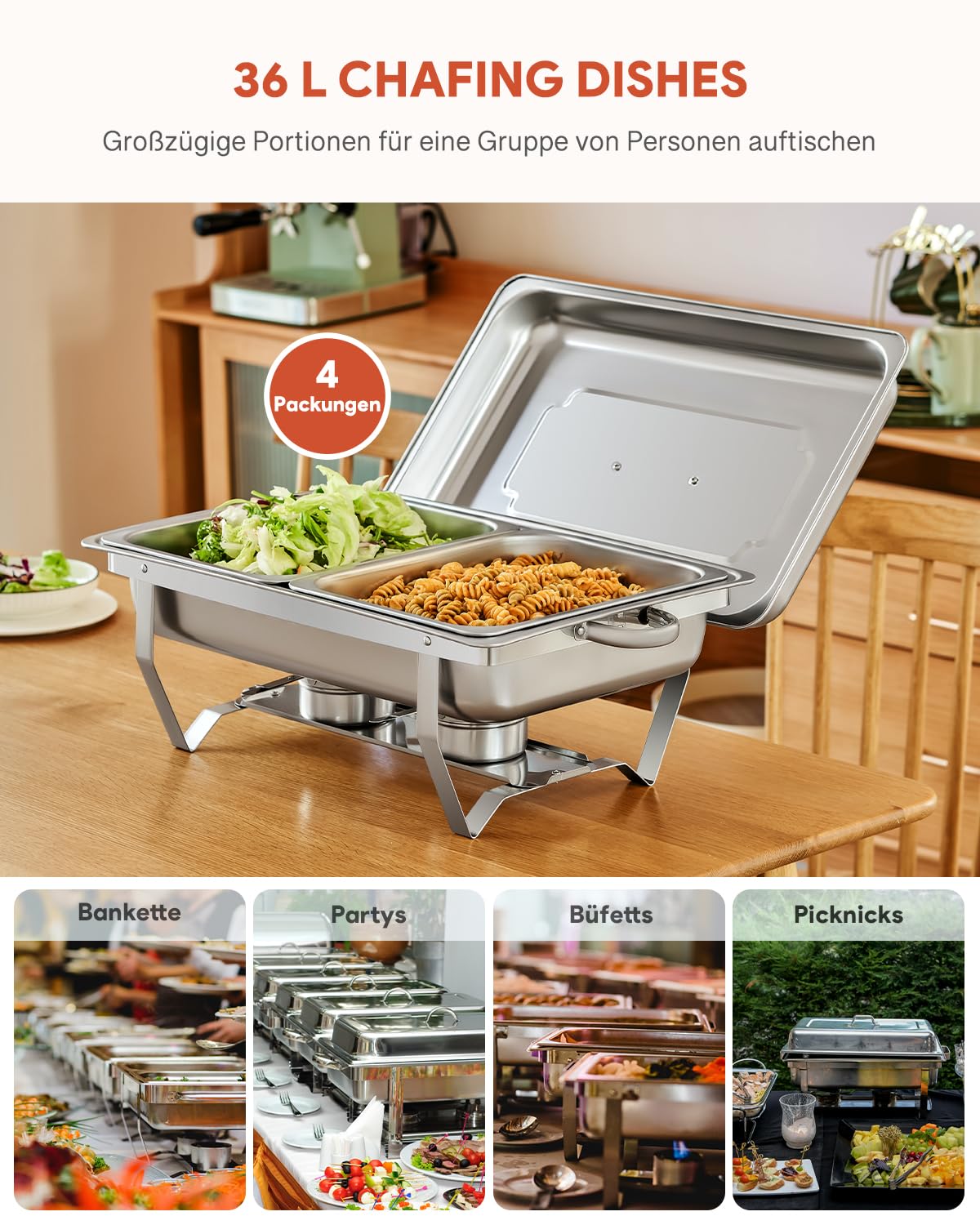 Wilprep Chafing Dish Edelstahl Buffet-Set Warmhaltebehälter Speisenwärmer Wärmebehälter Rechaud für Catering, Buffet und Party (4 Set 1/2+1/2 GN -Behälter)