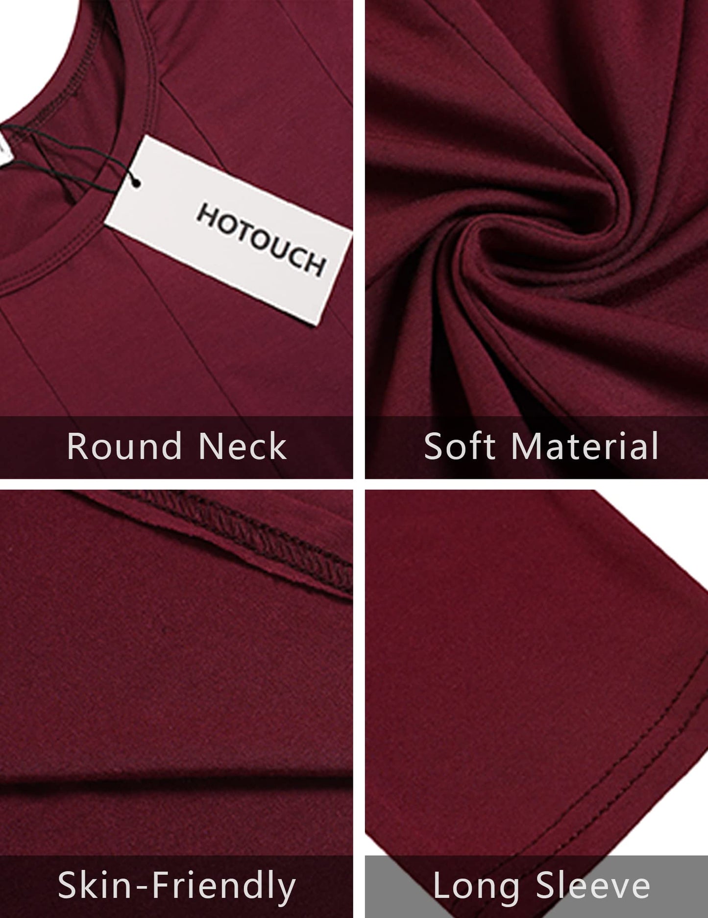 Hotouch Damen Kleid Rundhals Freizeitkleider Vintage Tunika Kleid 3/4 Ärmel A-Linie Kleider Elegant Wickelkleid Weinrot L
