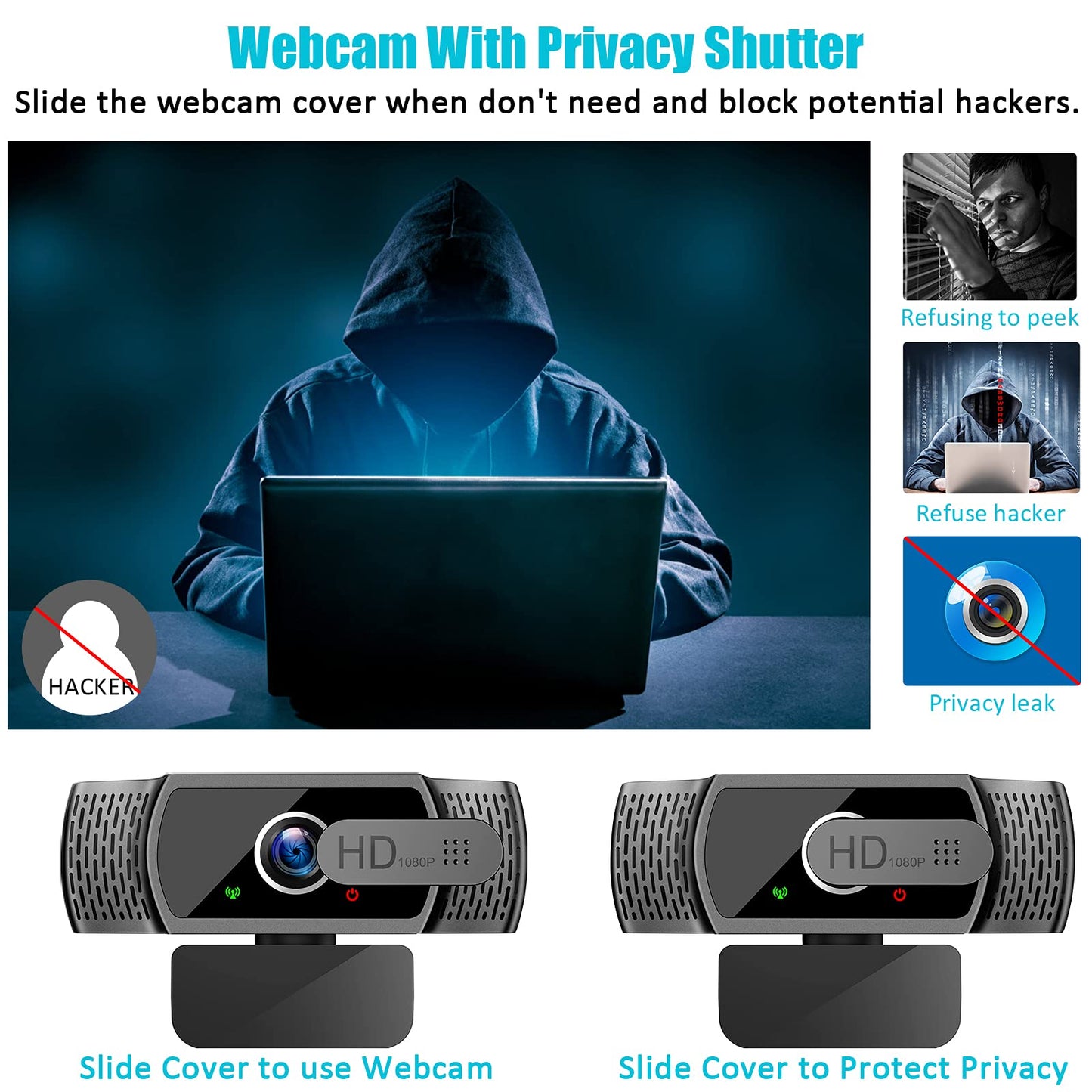 Full HD1080P Webcam mit Mikrofon, Automatischer Lichtkorrektur, Neefeaer USB mit Abdeckung Stativ,110° Weitwinkel, Kamera für PC, Laptop, Computer, Linux, Mac