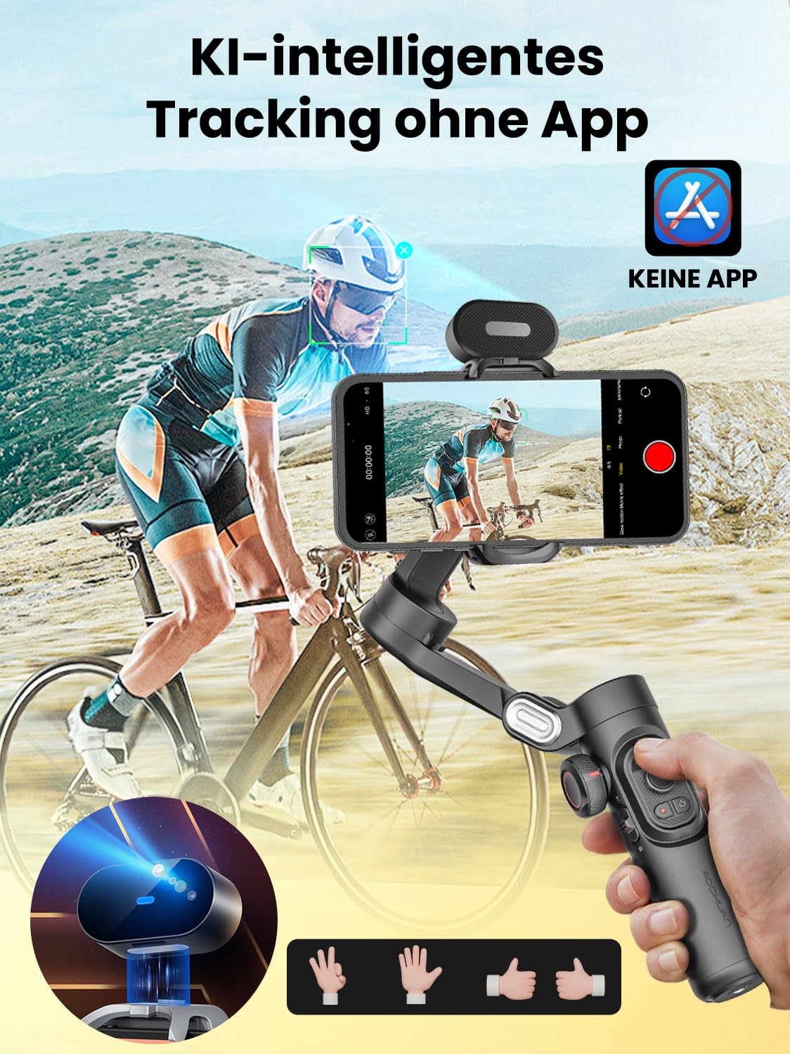 Gimbal-Stabilisator für Smartphone, NO APP KI-Verfolgung, Gestensteuerung, Inception-Gimbal mit TikTok YouTube, 3-Achsen-Falt-Gimbal-Stabilisator für iPhone und Android, AOCHUAN XE AI-Version